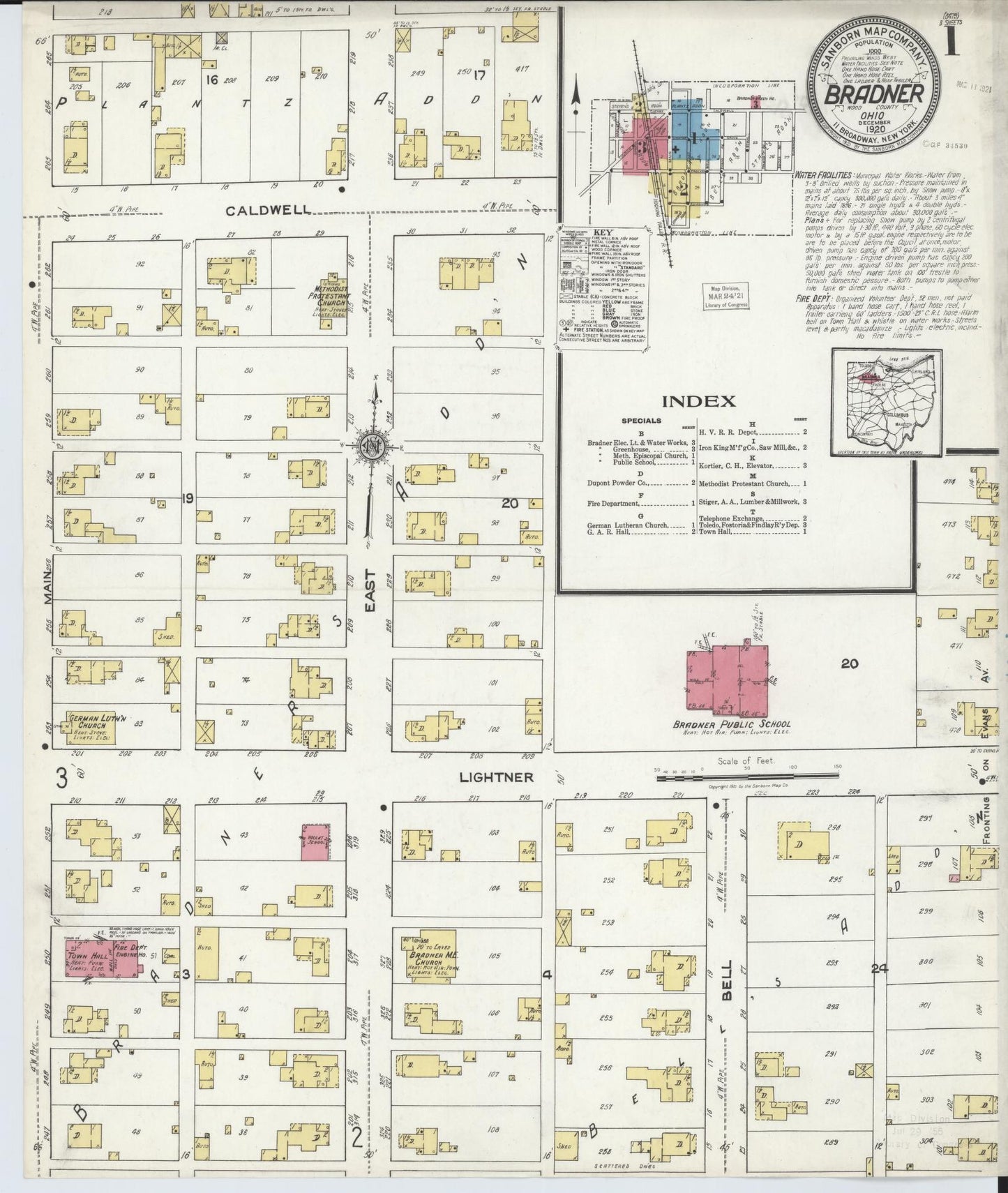 Sanborn Fire Insurance Map from Bradner, Wood County, Ohio (1920), Sheet #0001 - Historic Sanborn Fire Insurance Map Print, vintage old map wall art, antique decor, genealogy gift, Ohio Ohio map
