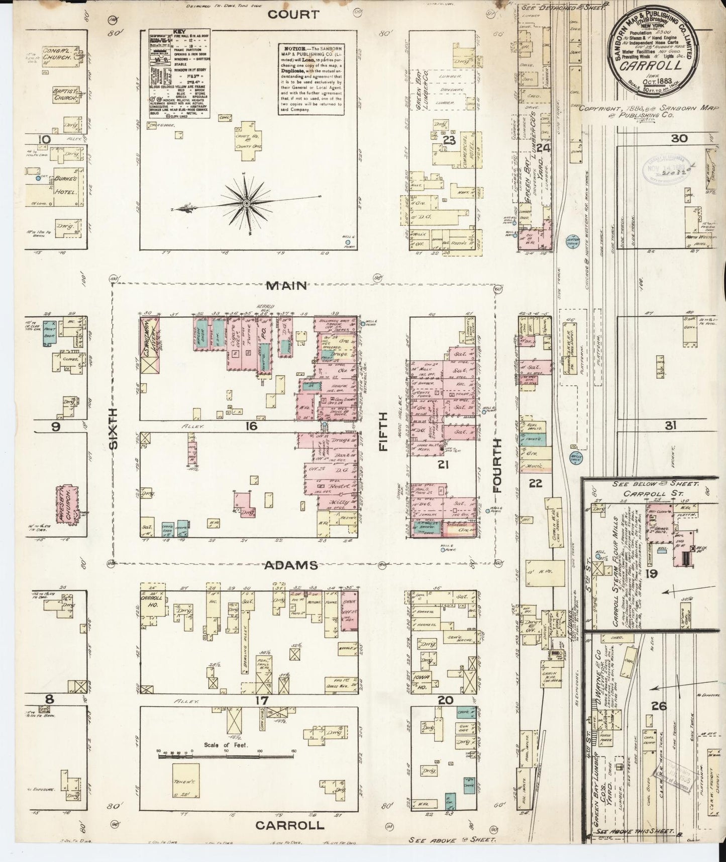 Sanborn Fire Insurance Map from Carroll, Carroll County, Iowa (1883), Sheet #0001 - Historic Sanborn Fire Insurance Map Print, vintage old map wall art