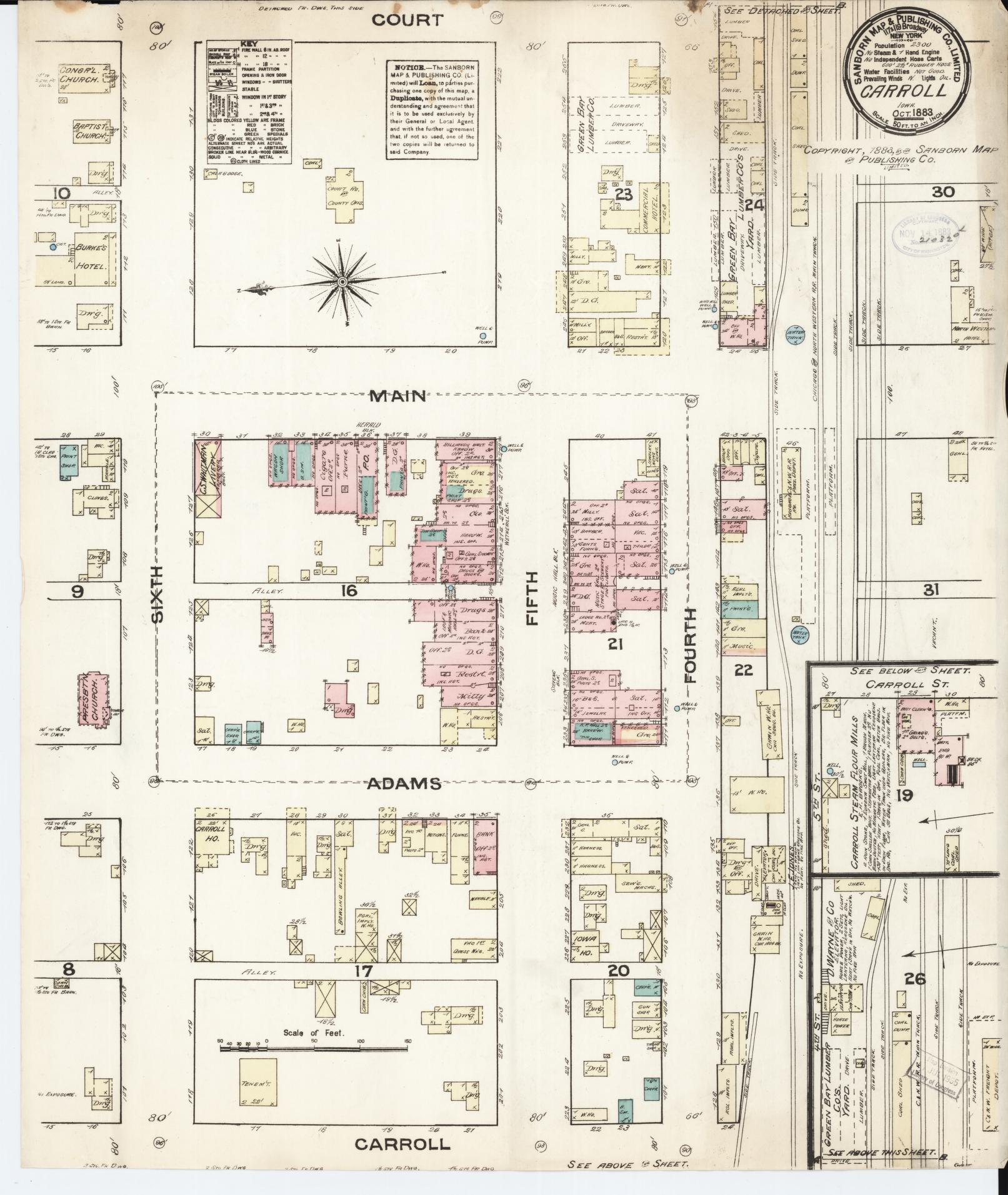 Sanborn Fire Insurance Map from Carroll, Carroll County, Iowa (1883), Sheet #0001 - Historic Sanborn Fire Insurance Map Print, vintage old map wall art