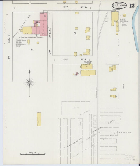 Sanborn Fire Insurance Map from Saint Cloud, Stearns, Benton, and Sherburne Counties, Minnesota (1893), Sheet #0013 - Historic Sanborn Fire Insurance Map Print, vintage old map wall art, antique decor, genealogy gift, Minnesota Minnesota map