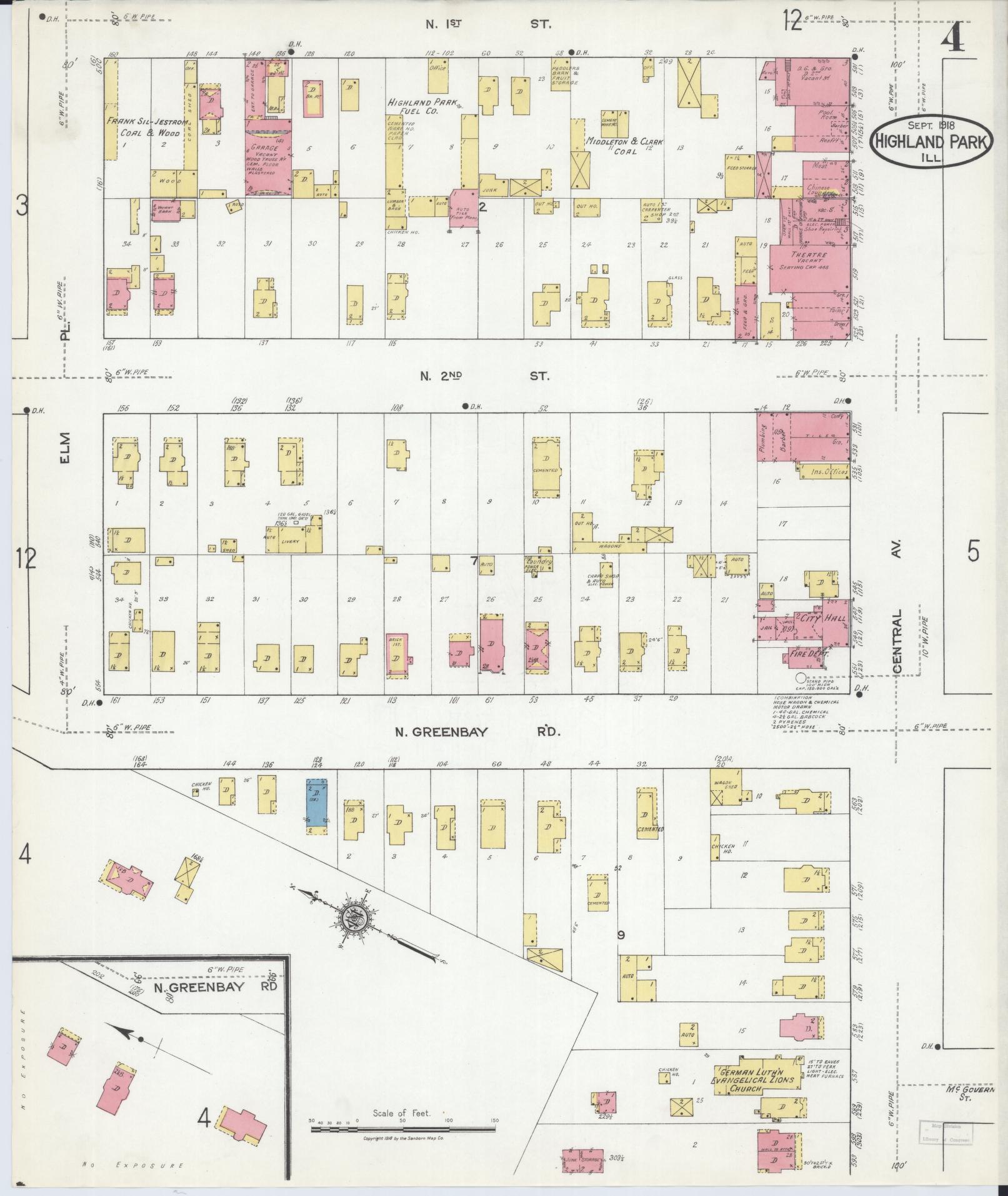 Sanborn Fire Insurance Map from Highland Park, Lake County, Illinois (1918), Sheet #0004 - Historic Sanborn Fire Insurance Map Print, vintage old map wall art, antique decor, genealogy gift, Illinois Illinois map