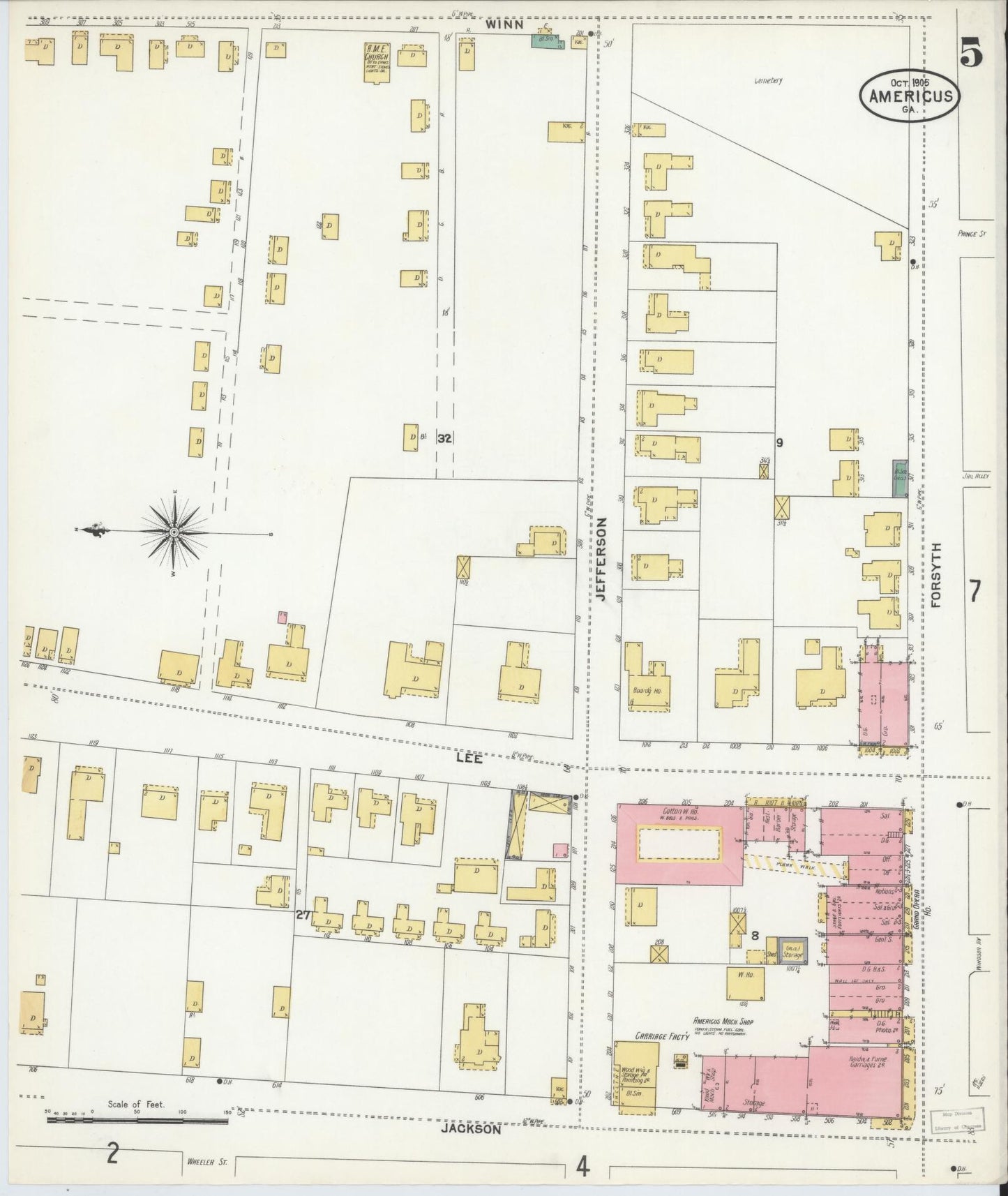 Sanborn Fire Insurance Map from Americus, Sumter County, Georgia (1905), Sheet #0005 - Complete Map Set gallery image, historic Sanborn map, vintage wall art, Georgia Georgia