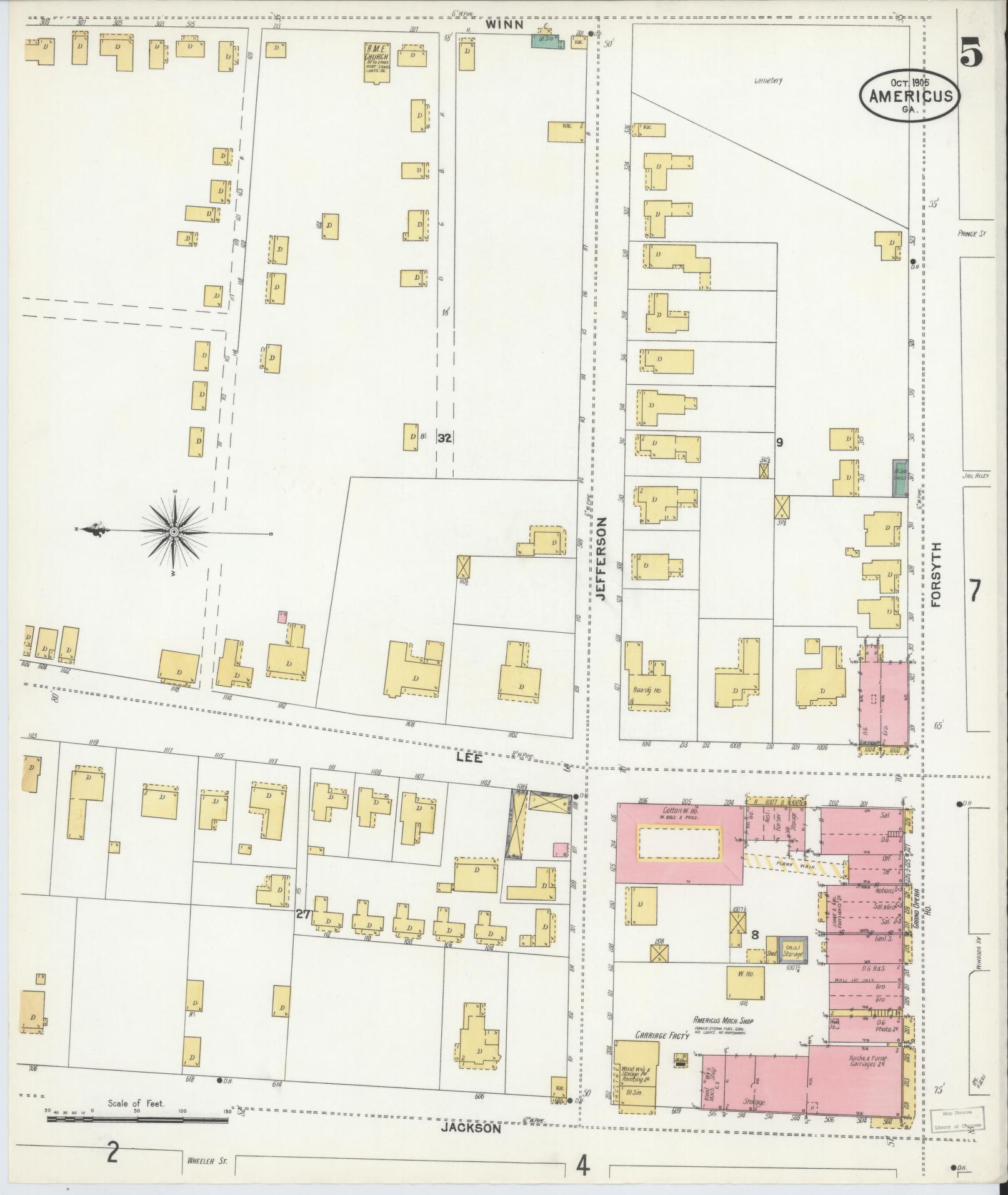 Sanborn Fire Insurance Map from Americus, Sumter County, Georgia (1905), Sheet #0005 - Complete Map Set gallery image, historic Sanborn map, vintage wall art, Georgia Georgia