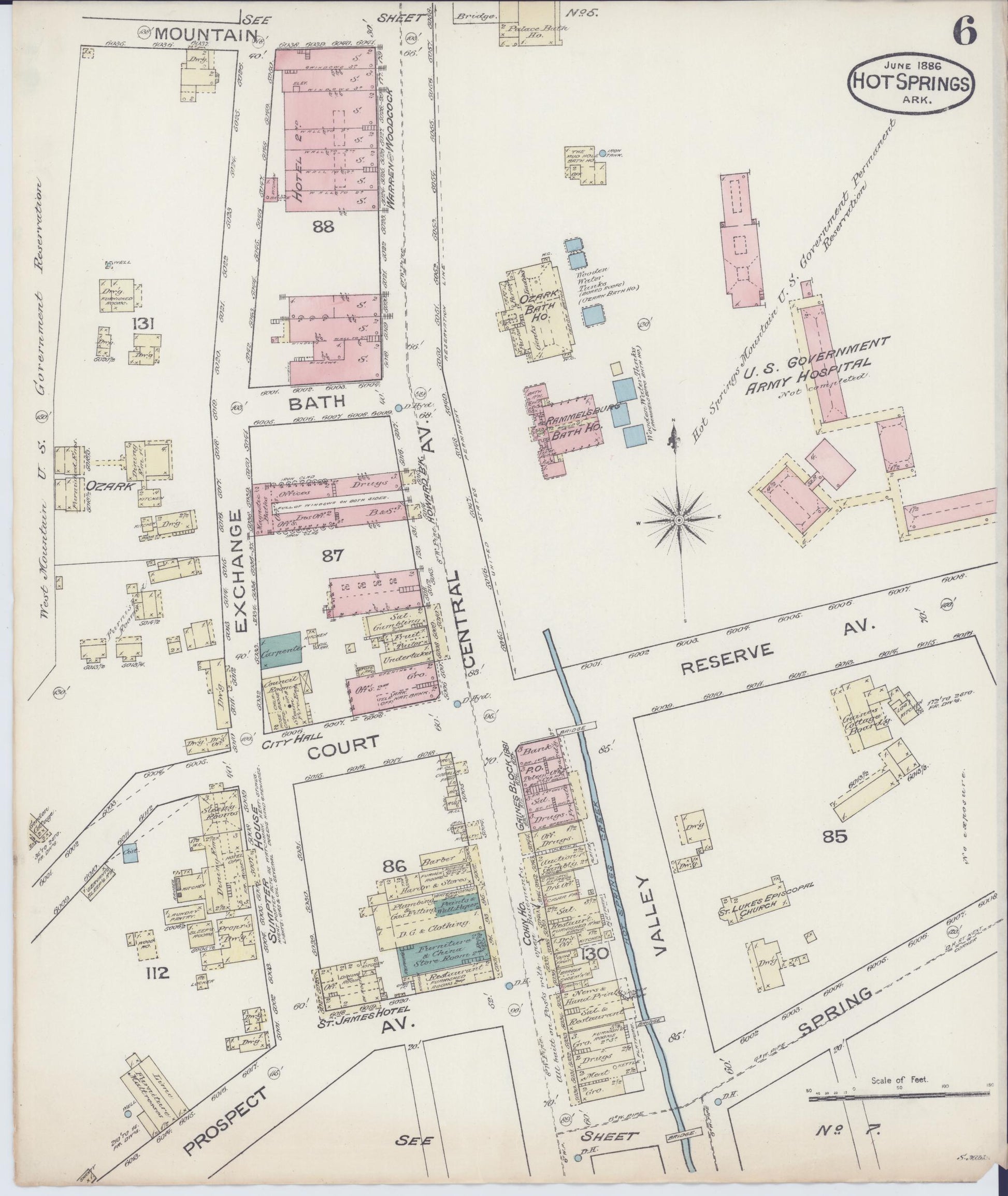Sanborn Fire Insurance Map from Hot Springs, Garland County, Arkansas (1886), Sheet #0006 - Complete Map Set gallery image, historic Sanborn map, vintage wall art, Arkansas Arkansas