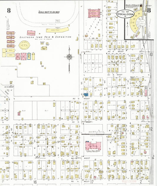 Sanborn Fire Insurance Map from Oskaloosa, Mahaska County, Iowa (1927), Sheet #0008 - Historic Sanborn Fire Insurance Map Print, vintage old map wall art