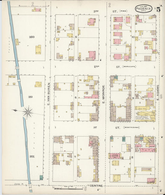 Sanborn Fire Insurance Map from Phoenix, Maricopa County, Arizona (1893), Sheet #0005 - Historic Sanborn Fire Insurance Map Print, vintage old map wall art, antique decor, genealogy gift, Arizona Arizona map
