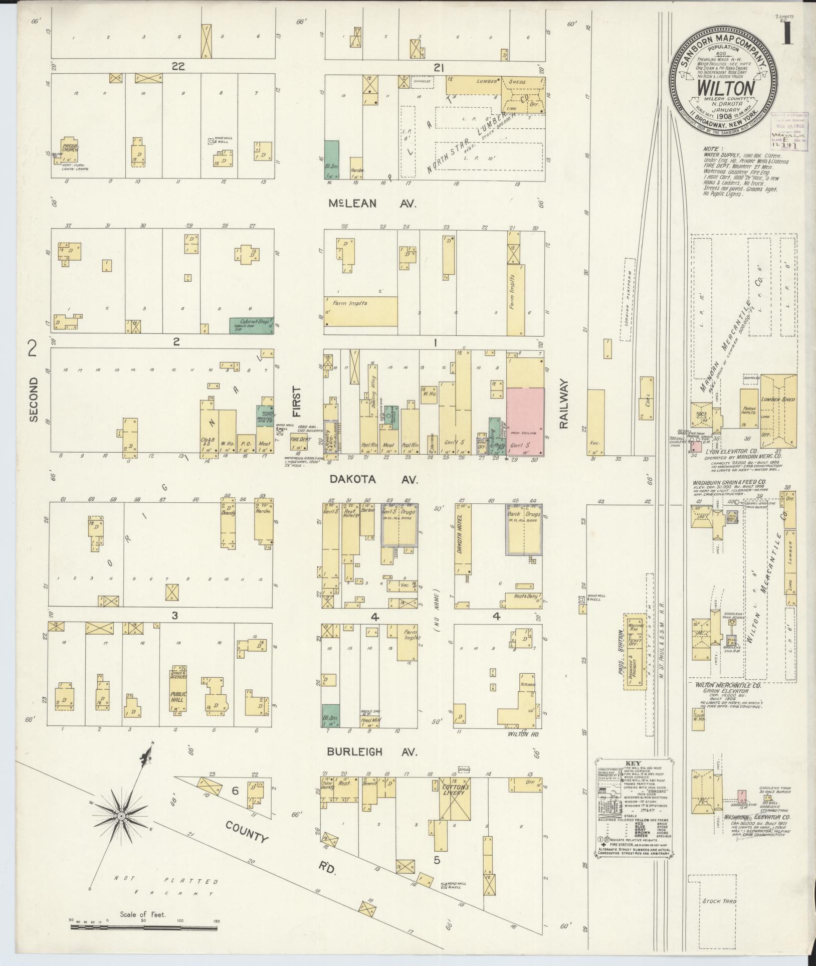 Sanborn Fire Insurance Map from Wilton, Mclean And Burleigh Counties, North Dakota (1908), Sheet #0001 - Complete Map Set gallery image, historic Sanborn map, vintage wall art, North Dakota North Dakota