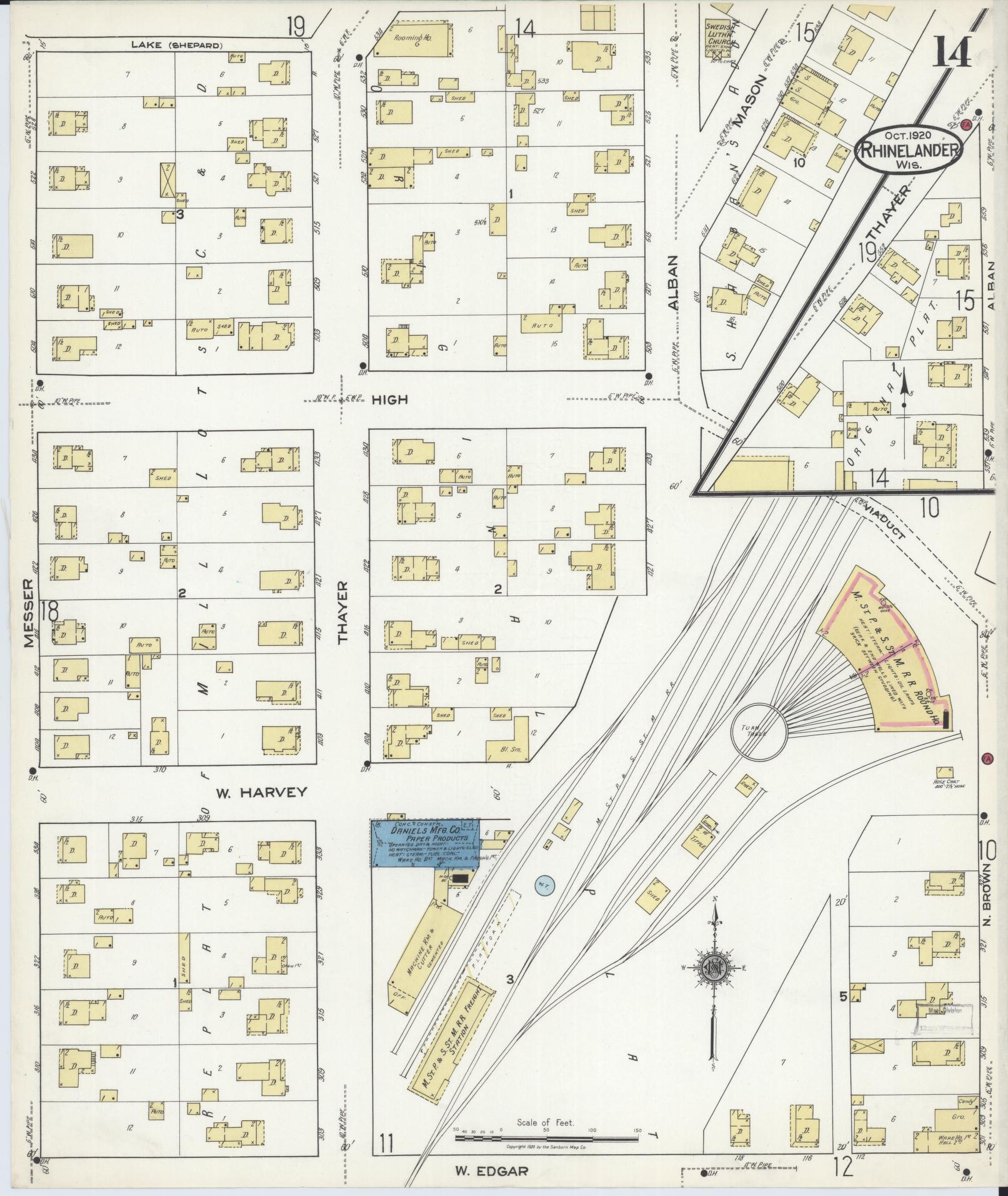 Sanborn Fire Insurance Map from Rhinelander, Oneida County, Wisconsin (1920), Sheet #0014 - Complete Map Set gallery image, historic Sanborn map, vintage wall art, Wisconsin Wisconsin
