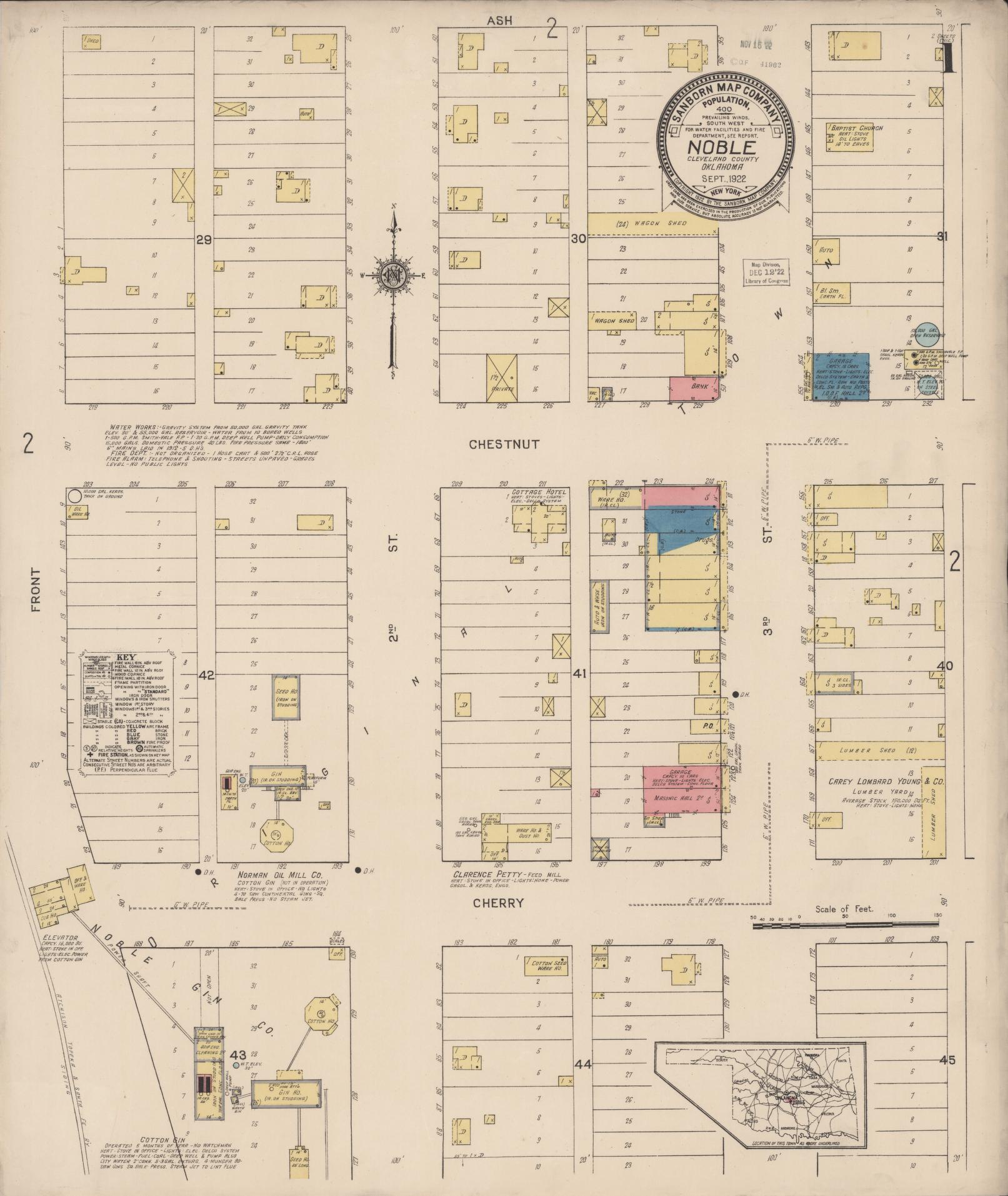 Sanborn Fire Insurance Map from Noble, Cleveland County, Oklahoma (1922), Sheet #0001 - Historic Sanborn Fire Insurance Map Print, vintage old map wall art, antique decor, genealogy gift, Oklahoma Oklahoma map