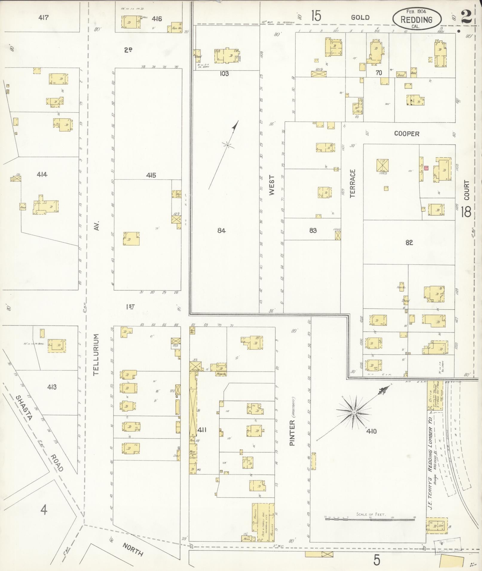 Sanborn Fire Insurance Map from Redding, Shasta County, California (1904), Sheet #0002 - Complete Map Set gallery image, historic Sanborn map, vintage wall art, California California
