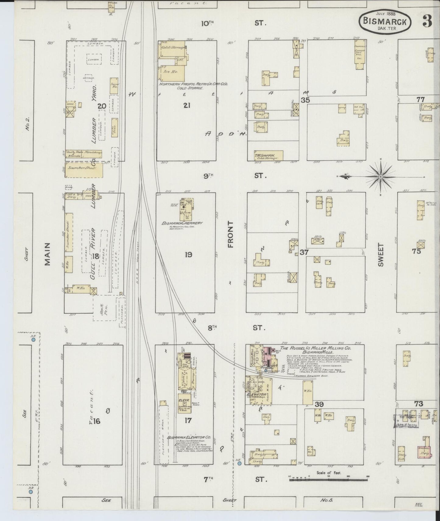 Sanborn Fire Insurance Map from Bismarck, Burleigh County, North Dakota (1888), Sheet #0003 - Historic Sanborn Fire Insurance Map Print, vintage old map wall art, antique decor, genealogy gift, North Dakota North Dakota map