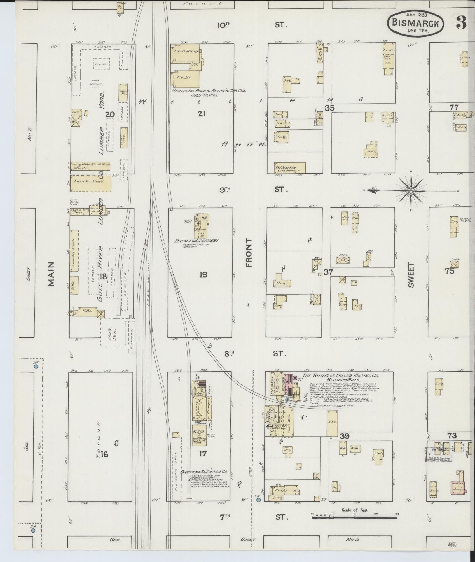 Sanborn Fire Insurance Map from Bismarck, Burleigh County, North Dakota (1888), Sheet #0003 - Historic Sanborn Fire Insurance Map Print, vintage old map wall art, antique decor, genealogy gift, North Dakota North Dakota map