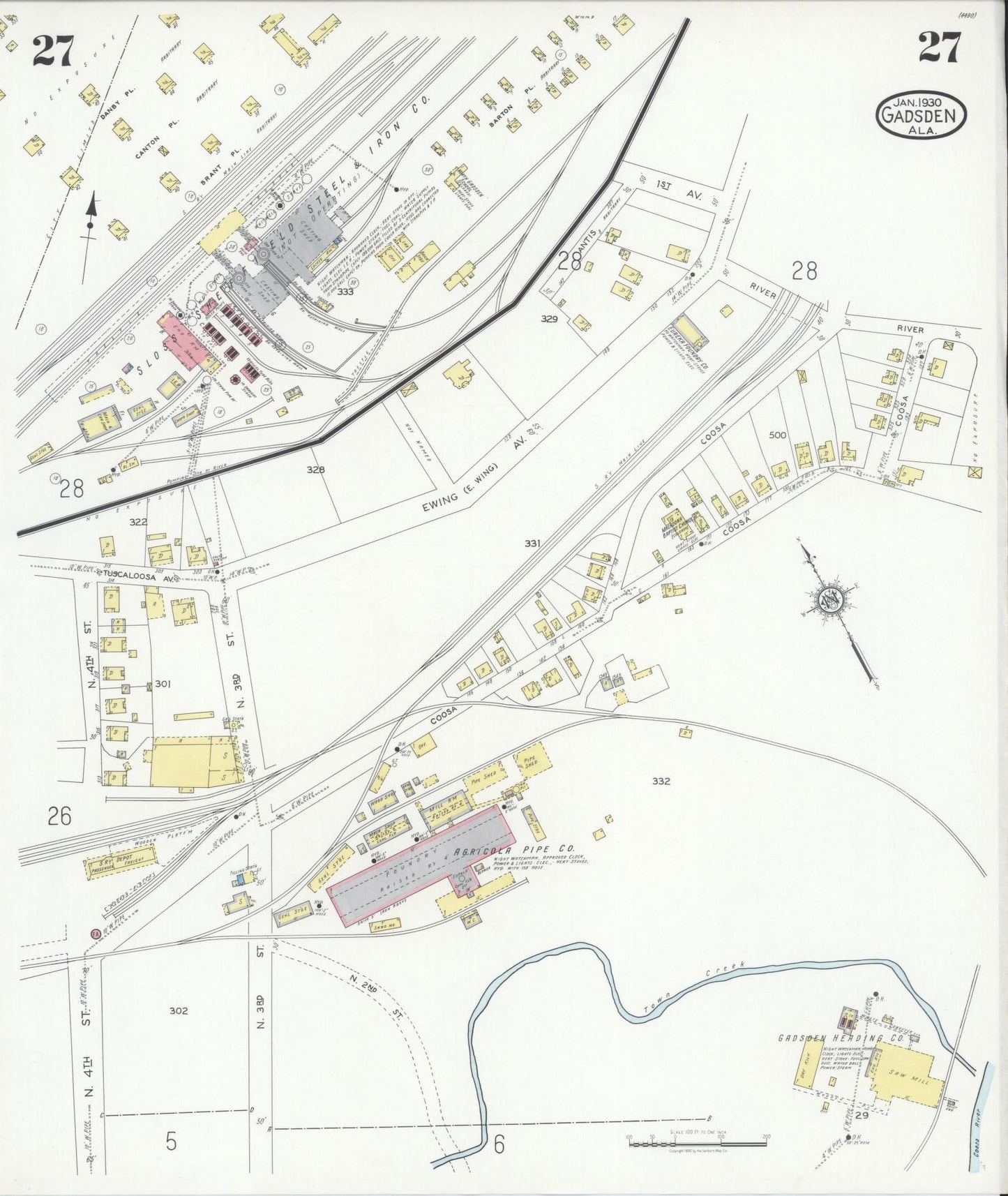 Sanborn Fire Insurance Map from Gadsden, Etowah County, Alabama (1930), Sheet #0027 - Complete Map Set gallery image, historic Sanborn map, vintage wall art, Alabama Alabama