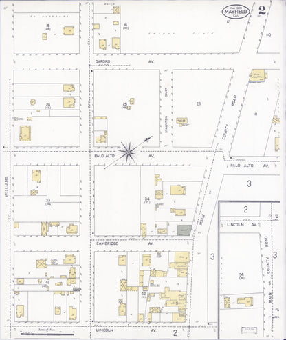 Sanborn Fire Insurance Map from Mayfield, Santa Clara County, California (1908), Sheet #0002 - Complete Map Set gallery image, historic Sanborn map, vintage wall art, California California