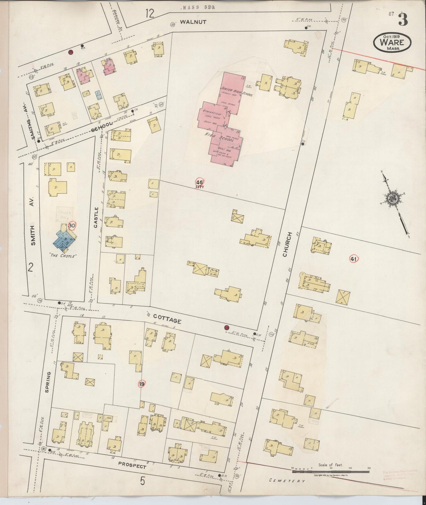 Sanborn Fire Insurance Map from Ware, Hampshire County, Massachusetts (1946), Sheet #0003 - Historic Sanborn Fire Insurance Map Print, vintage old map wall art, antique decor, genealogy gift, Massachusetts Massachusetts map