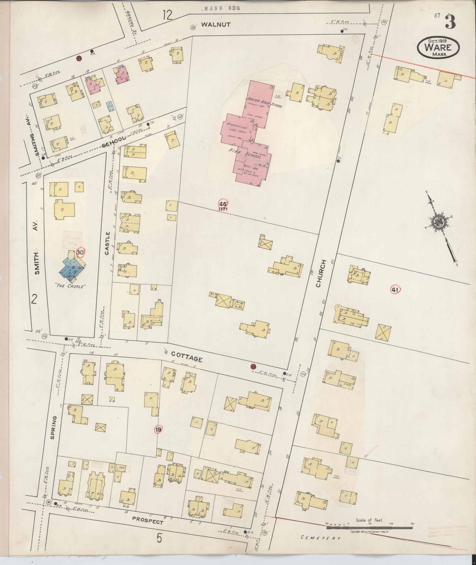 Sanborn Fire Insurance Map from Ware, Hampshire County, Massachusetts (1946), Sheet #0003 - Historic Sanborn Fire Insurance Map Print, vintage old map wall art, antique decor, genealogy gift, Massachusetts Massachusetts map