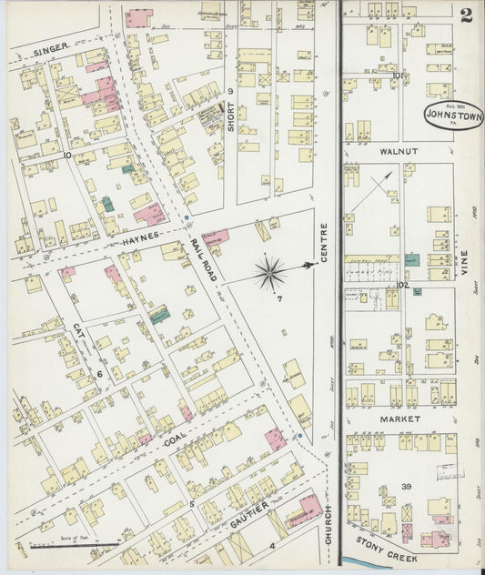 Sanborn Fire Insurance Map from Johnstown, Cambria County, Pennsylvania (1891), Sheet #0002 - Historic Sanborn Fire Insurance Map Print, vintage old map wall art, antique decor, genealogy gift, Pennsylvania Pennsylvania map
