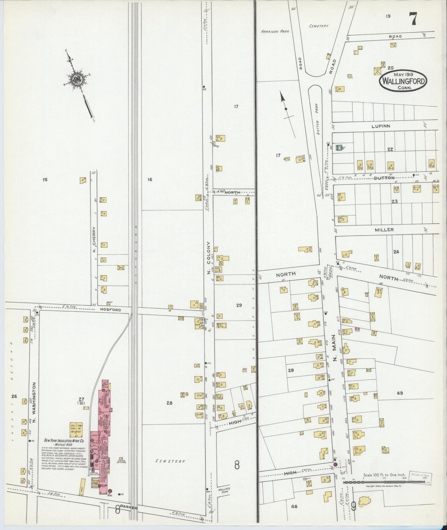Sanborn Fire Insurance Map from Wallingford, New Haven County, Connecticut (1919), Sheet #0007 - Complete Map Set gallery image, historic Sanborn map, vintage wall art, Connecticut Connecticut