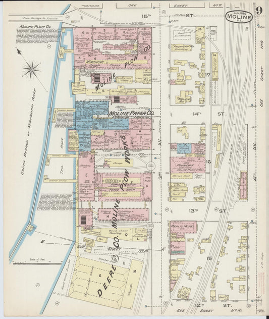 Sanborn Fire Insurance Map from Moline, Rock Island County, Illinois (1886), Sheet #0009 - Historic Sanborn Fire Insurance Map Print, vintage old map wall art, antique decor, genealogy gift, Illinois Illinois map