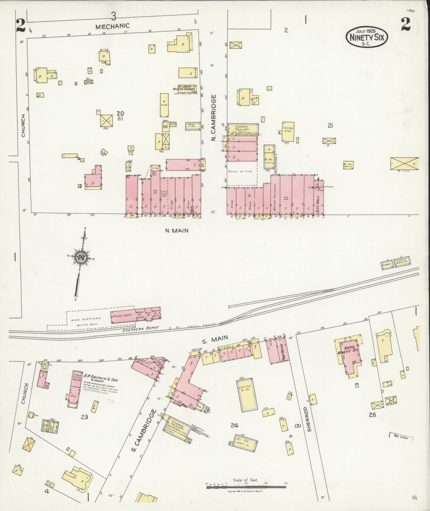Sanborn Fire Insurance Map from Ninety Six, Greenwood County, South Carolina (1925), Sheet #0002 - Complete Map Set gallery image, historic Sanborn map, vintage wall art, South Carolina South Carolina