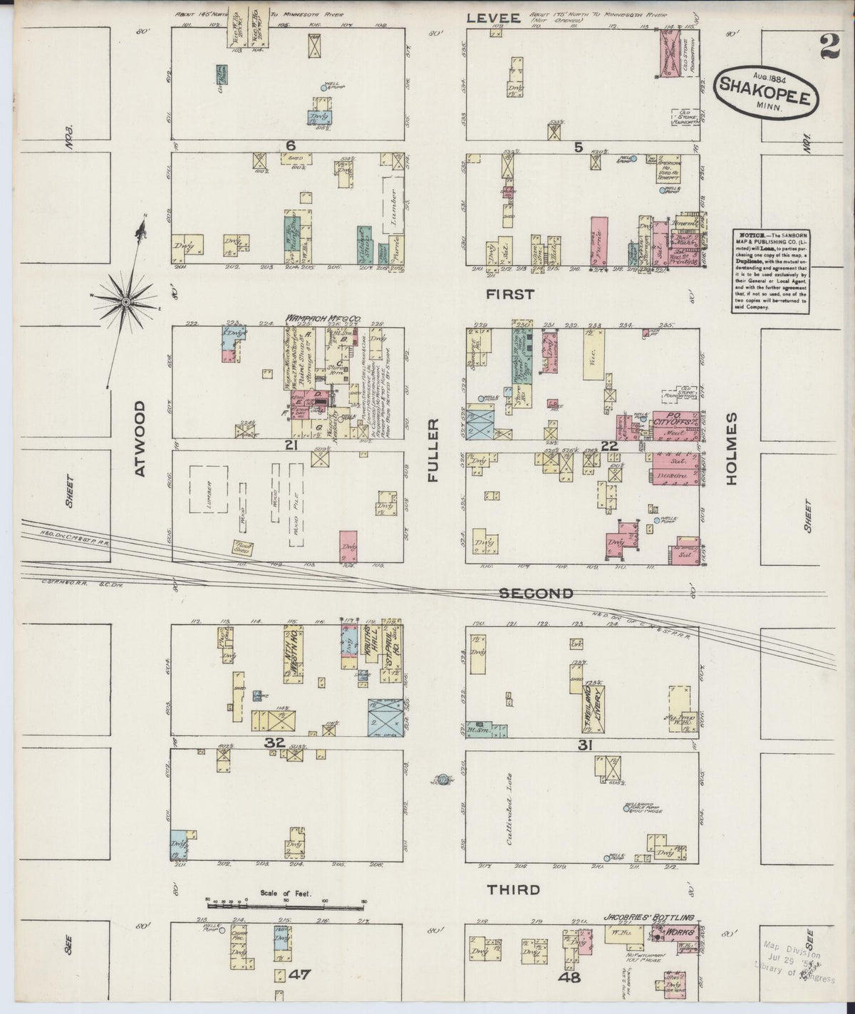 Sanborn Fire Insurance Map from Shakopee, Scott County, Minnesota (1884), Sheet #0002 - Historic Sanborn Fire Insurance Map Print, vintage old map wall art, antique decor, genealogy gift, Minnesota Minnesota map