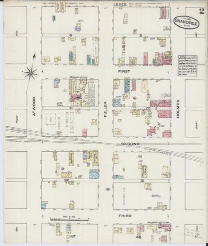 Sanborn Fire Insurance Map from Shakopee, Scott County, Minnesota (1884), Sheet #0002 - Historic Sanborn Fire Insurance Map Print, vintage old map wall art, antique decor, genealogy gift, Minnesota Minnesota map