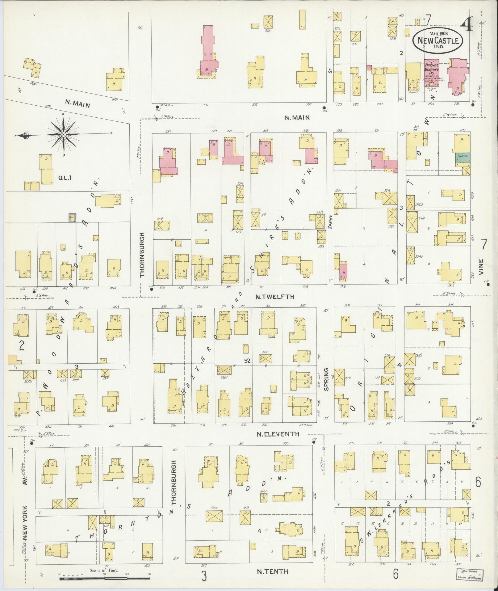 Sanborn Fire Insurance Map from New Castle, Henry County, Indiana (1908), Sheet #0004 - Historic Sanborn Fire Insurance Map Print, vintage old map wall art, antique decor, genealogy gift, Indiana Indiana map