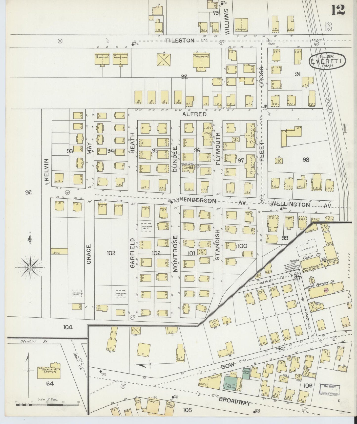 Sanborn Fire Insurance Map from Everett, Middlesex County, Massachusetts (1892), Sheet #0012 - Historic Sanborn Fire Insurance Map Print, vintage old map wall art, antique decor, genealogy gift, Massachusetts Massachusetts map
