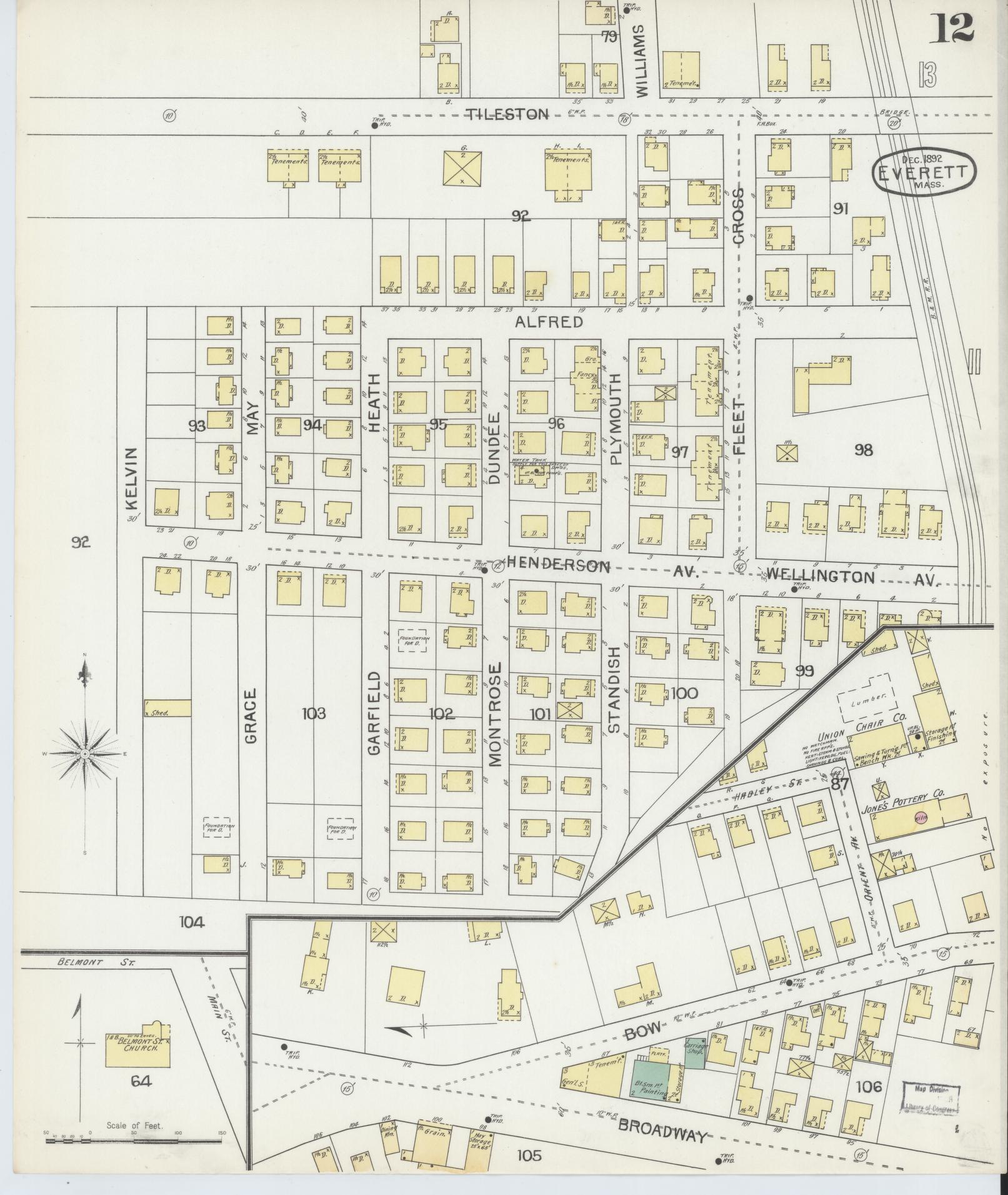 Sanborn Fire Insurance Map from Everett, Middlesex County, Massachusetts (1892), Sheet #0012 - Historic Sanborn Fire Insurance Map Print, vintage old map wall art, antique decor, genealogy gift, Massachusetts Massachusetts map