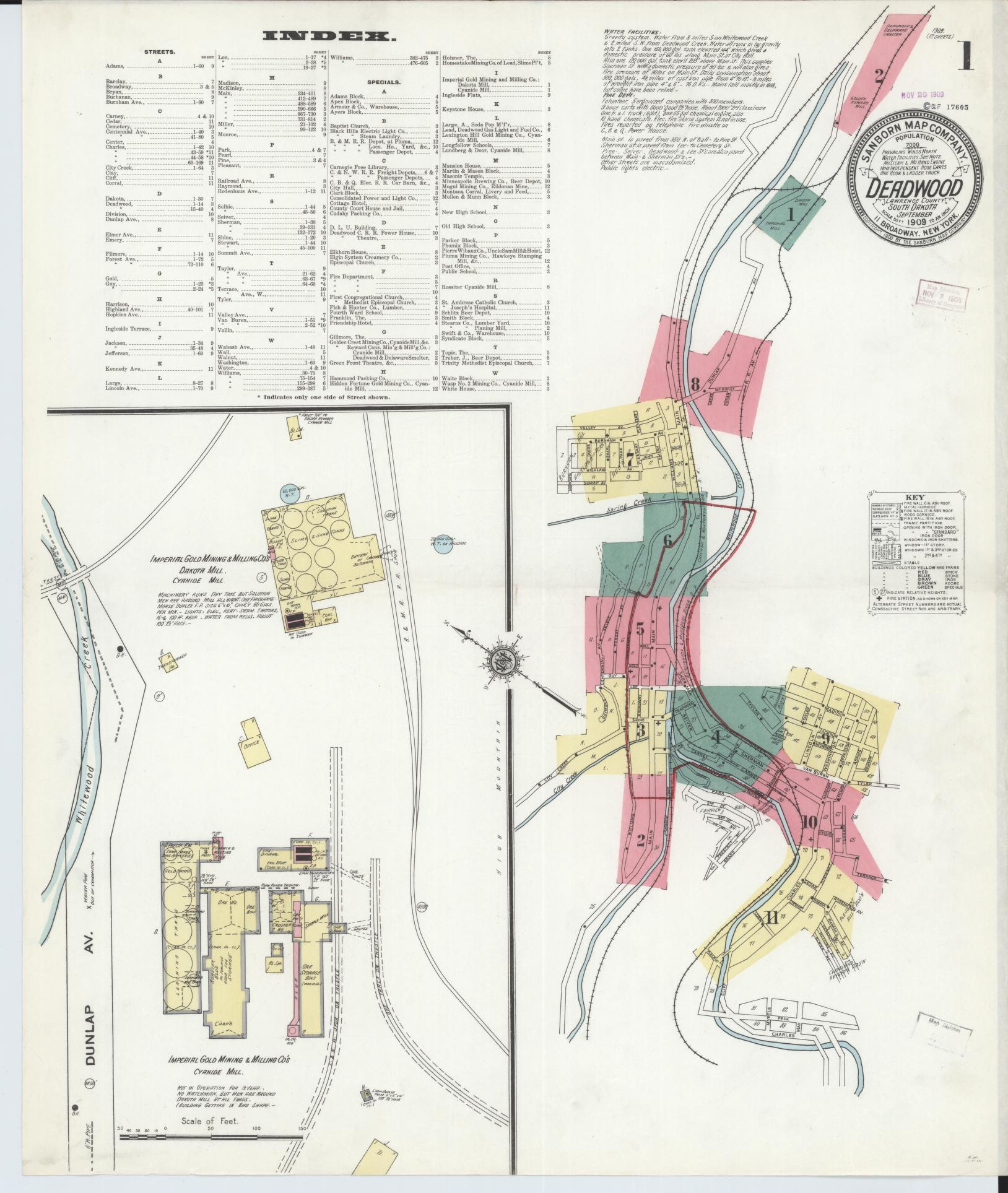 Sanborn Fire Insurance Map from Deadwood, Lawrence County, South Dakota (1909), Sheet #0001 - Complete Map Set gallery image, historic Sanborn map, vintage wall art, South Dakota South Dakota