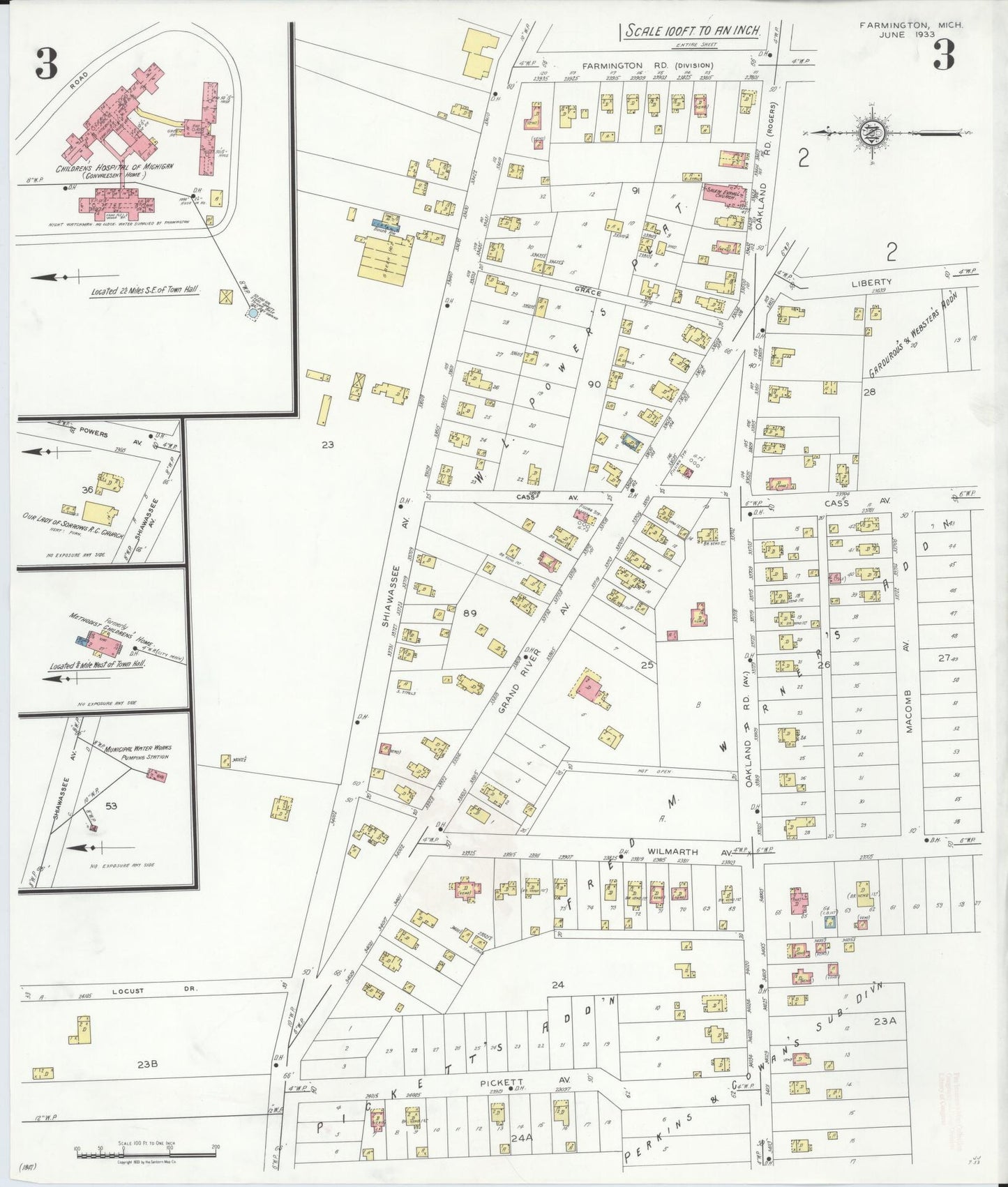 Sanborn Fire Insurance Map from Farmington, Oakland County, Michigan (1933), Sheet #0003 - Historic Sanborn Fire Insurance Map Print, vintage old map wall art, antique decor, genealogy gift, Michigan Michigan map