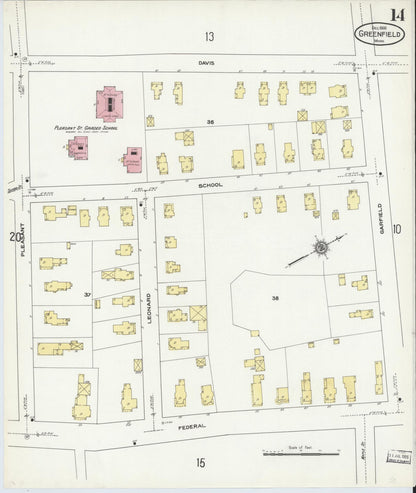 Sanborn Fire Insurance Map from Greenfield, Franklin County, Massachusetts (1909), Sheet #0014 - Historic Sanborn Fire Insurance Map Print, vintage old map wall art, antique decor, genealogy gift, Massachusetts Massachusetts map