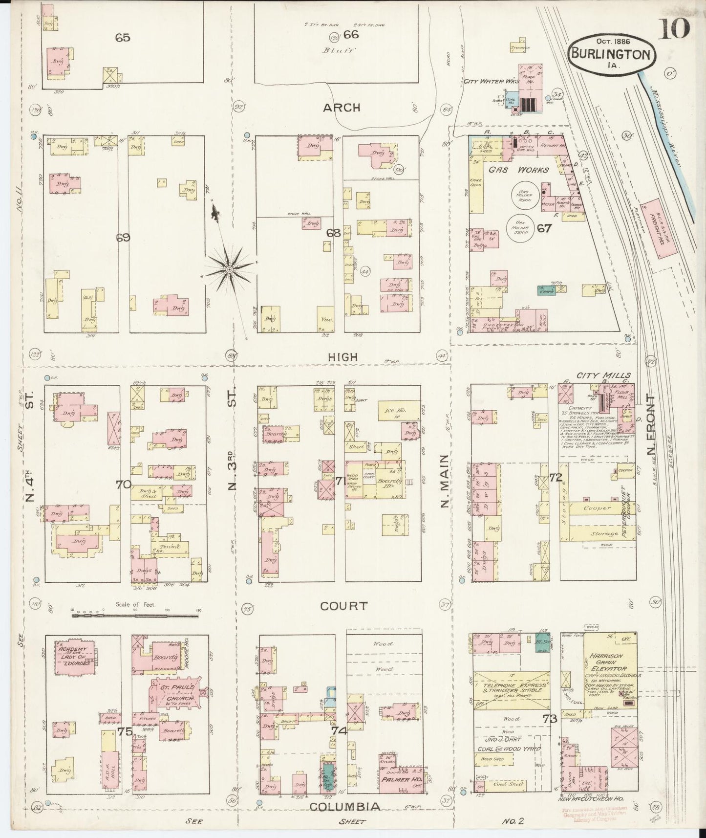 Sanborn Fire Insurance Map from Burlington, Des Moines County, Iowa (1888), Sheet #0010 - Historic Sanborn Fire Insurance Map Print, vintage old map wall art