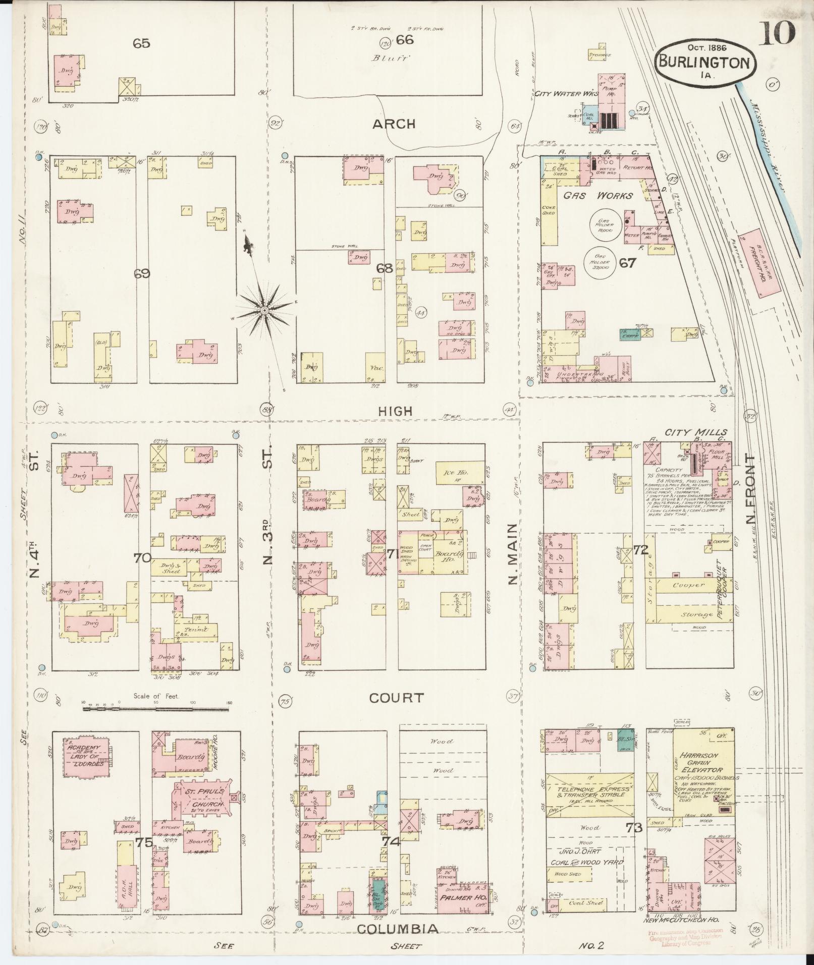 Sanborn Fire Insurance Map from Burlington, Des Moines County, Iowa (1888), Sheet #0010 - Historic Sanborn Fire Insurance Map Print, vintage old map wall art