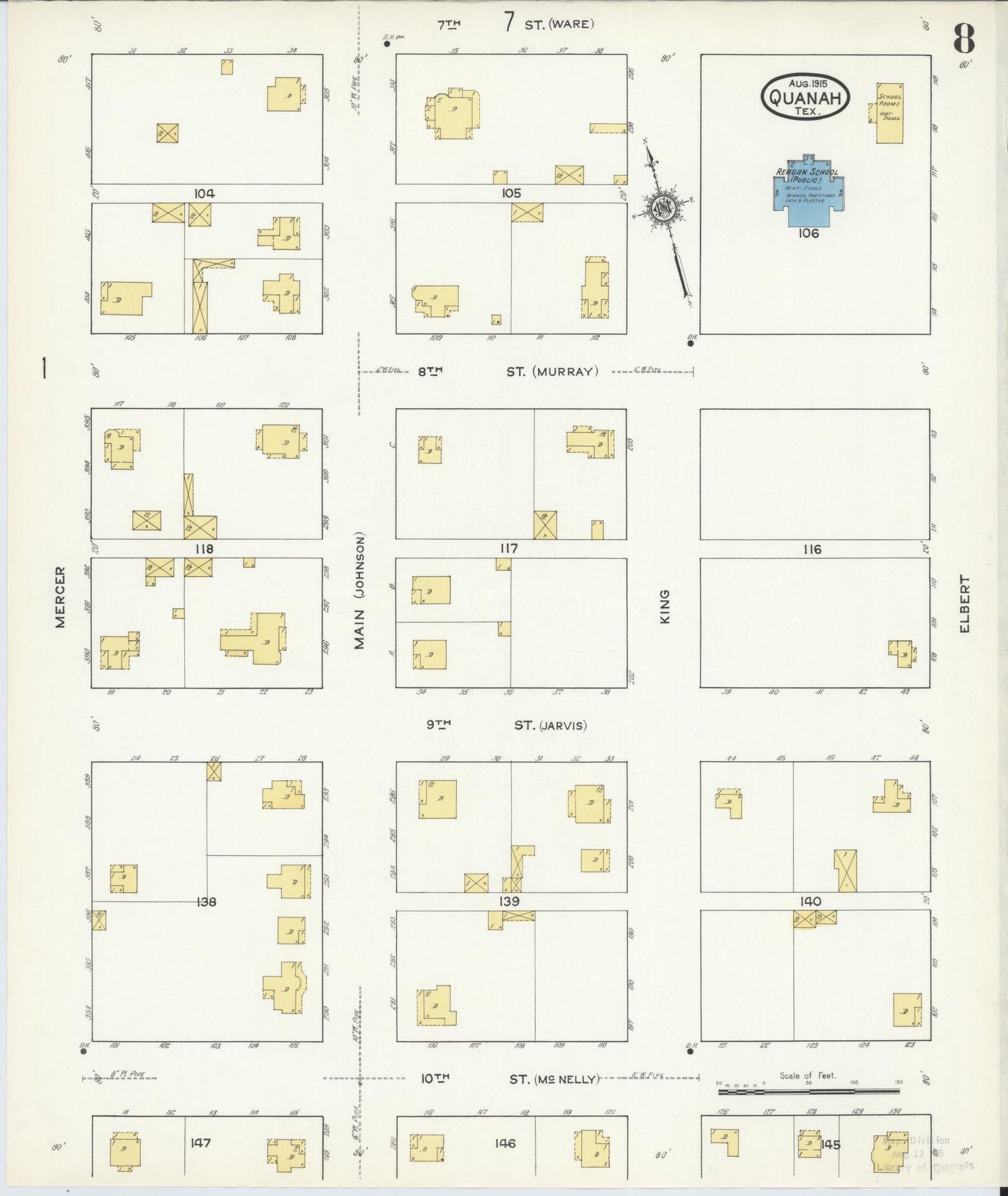 Sanborn Fire Insurance Map from Quanah, Hardeman County, Texas (1915), Sheet #0008 - Historic Sanborn Fire Insurance Map Print, vintage old map wall art, antique decor, genealogy gift, Texas Texas map