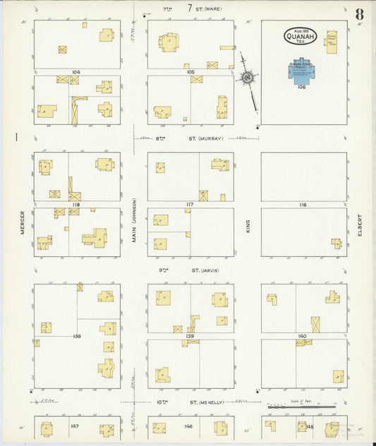 Sanborn Fire Insurance Map from Quanah, Hardeman County, Texas (1915), Sheet #0008 - Historic Sanborn Fire Insurance Map Print, vintage old map wall art, antique decor, genealogy gift, Texas Texas map