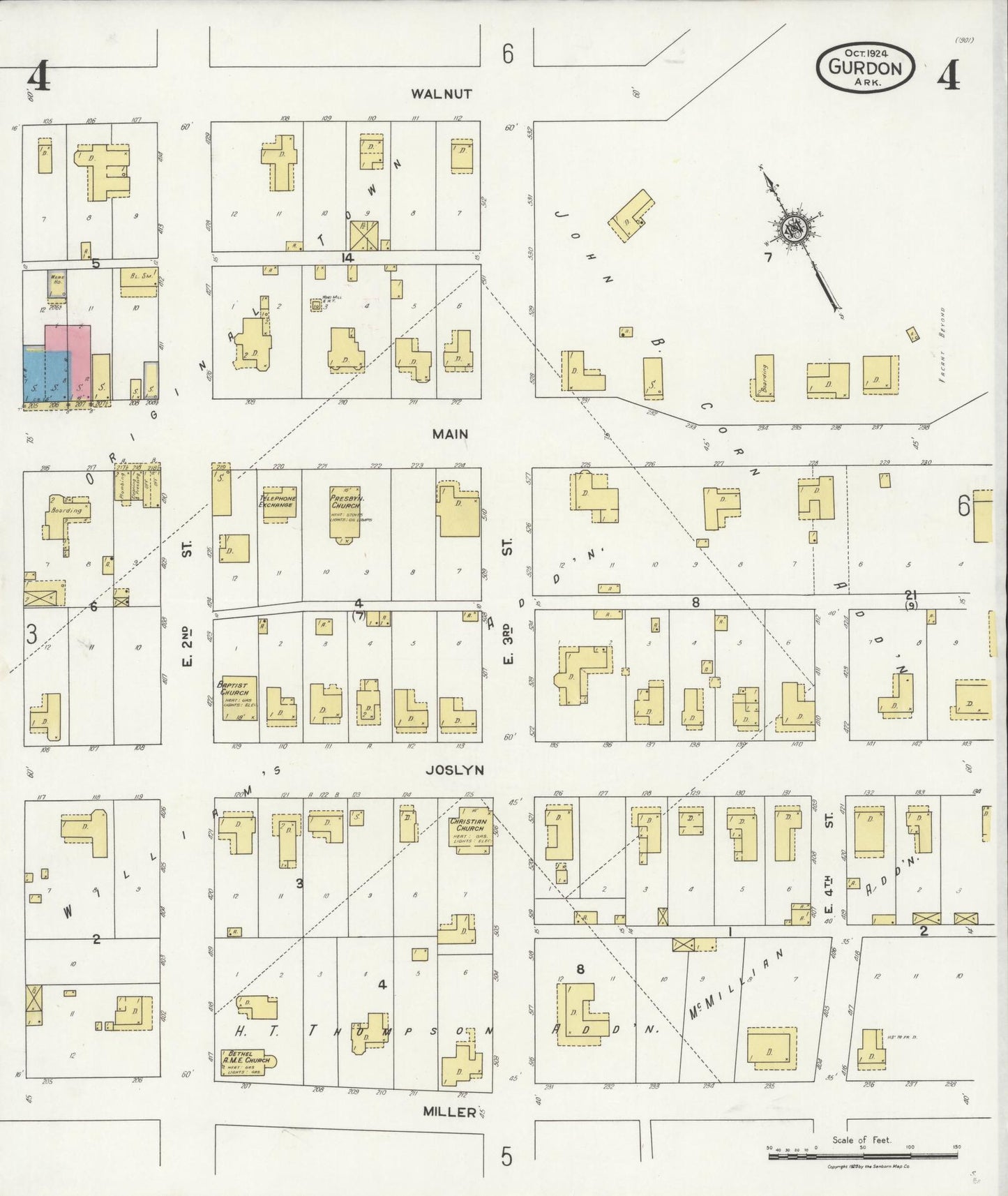 Sanborn Fire Insurance Map from Gurdon, Clark County, Arkansas (1924), Sheet #0004 - Historic Sanborn Fire Insurance Map Print, vintage old map wall art, antique decor, genealogy gift, Arkansas Arkansas map