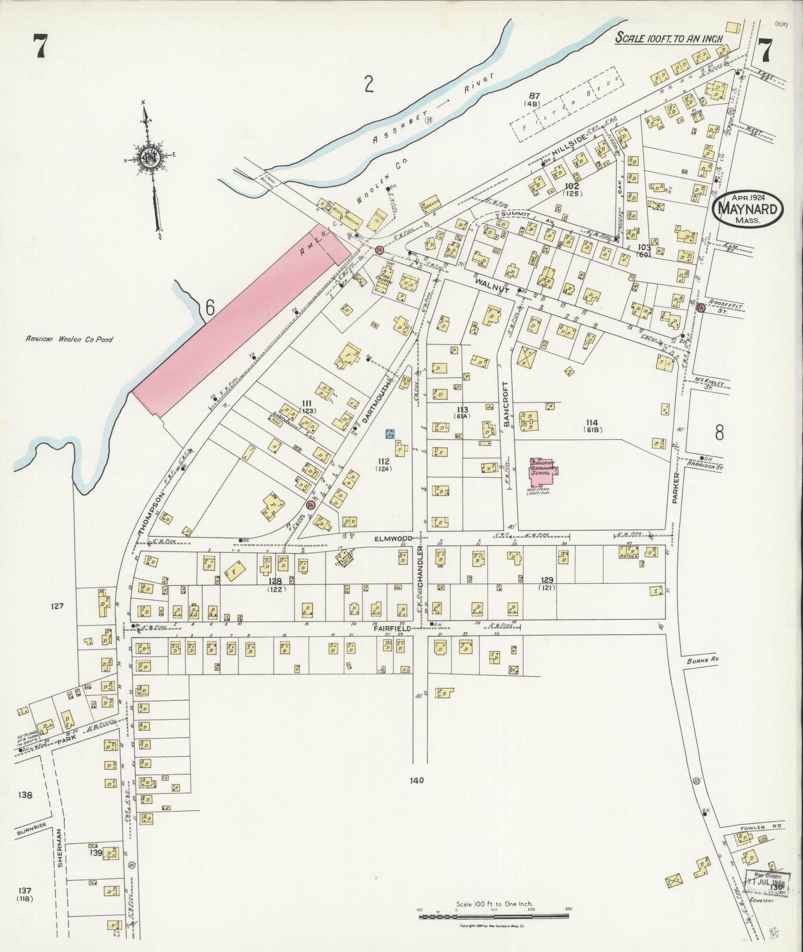 Sanborn Fire Insurance Map from Maynard, Middlesex County, Massachusetts (1924), Sheet #0007 - Historic Sanborn Fire Insurance Map Print, vintage old map wall art, antique decor, genealogy gift, Massachusetts Massachusetts map