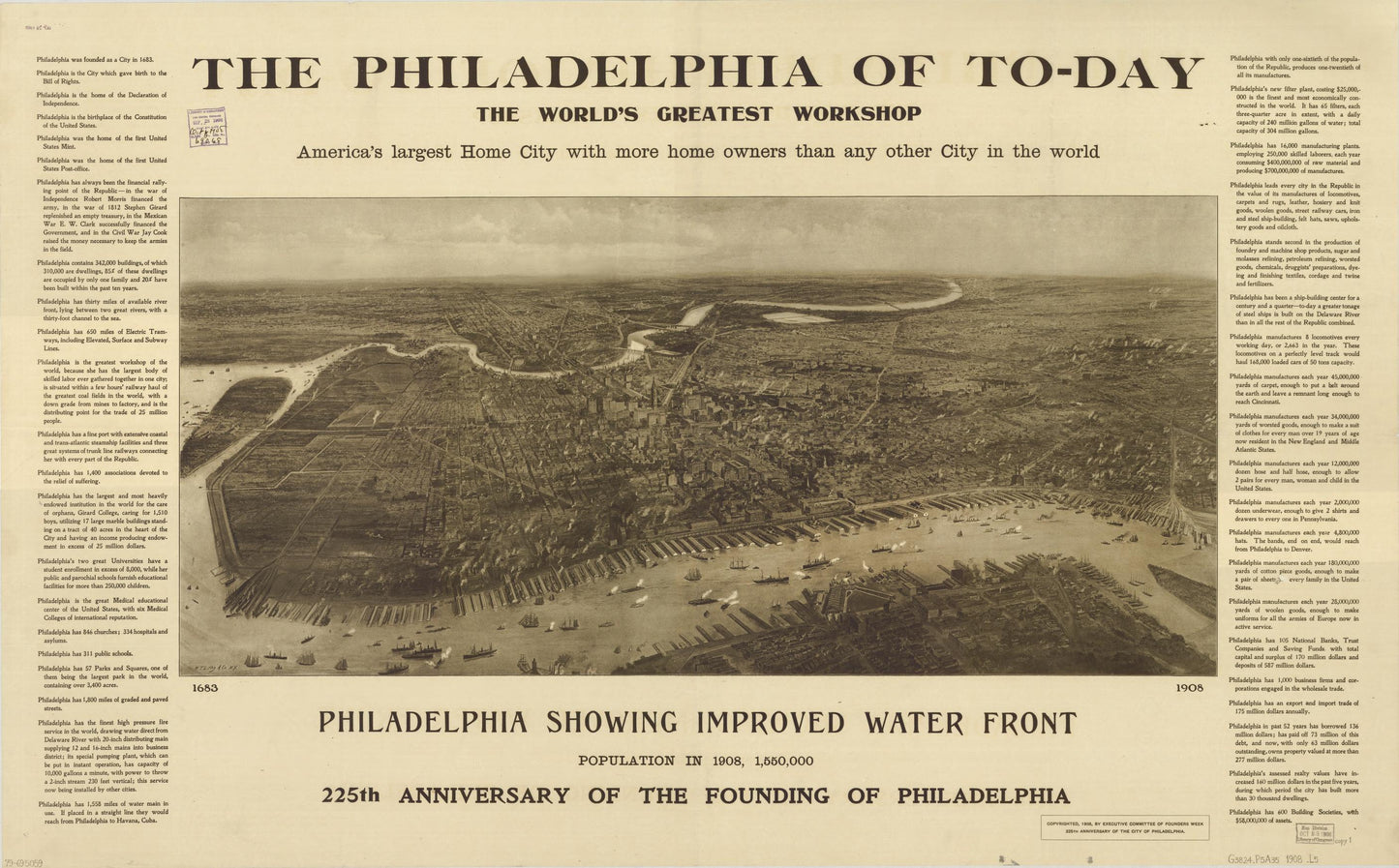 The Philadelphia of to-day, the world's greatest workshop : America's largest home city with more home owners than any other city in the world (1908) – Historic Bird’s-Eye View Panorama Print