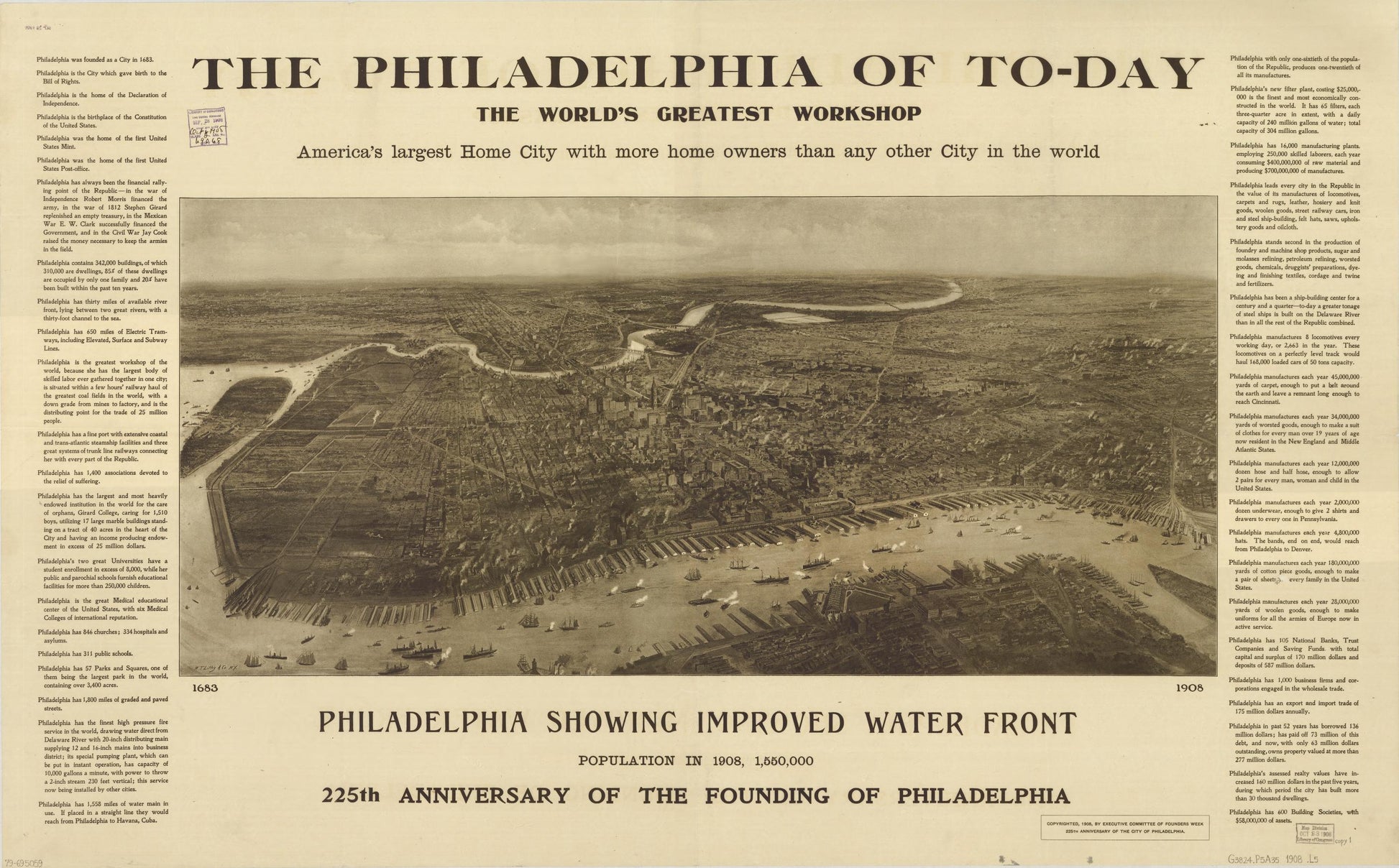 The Philadelphia of to-day, the world's greatest workshop : America's largest home city with more home owners than any other city in the world (1908) – Historic Bird’s-Eye View Panorama Print