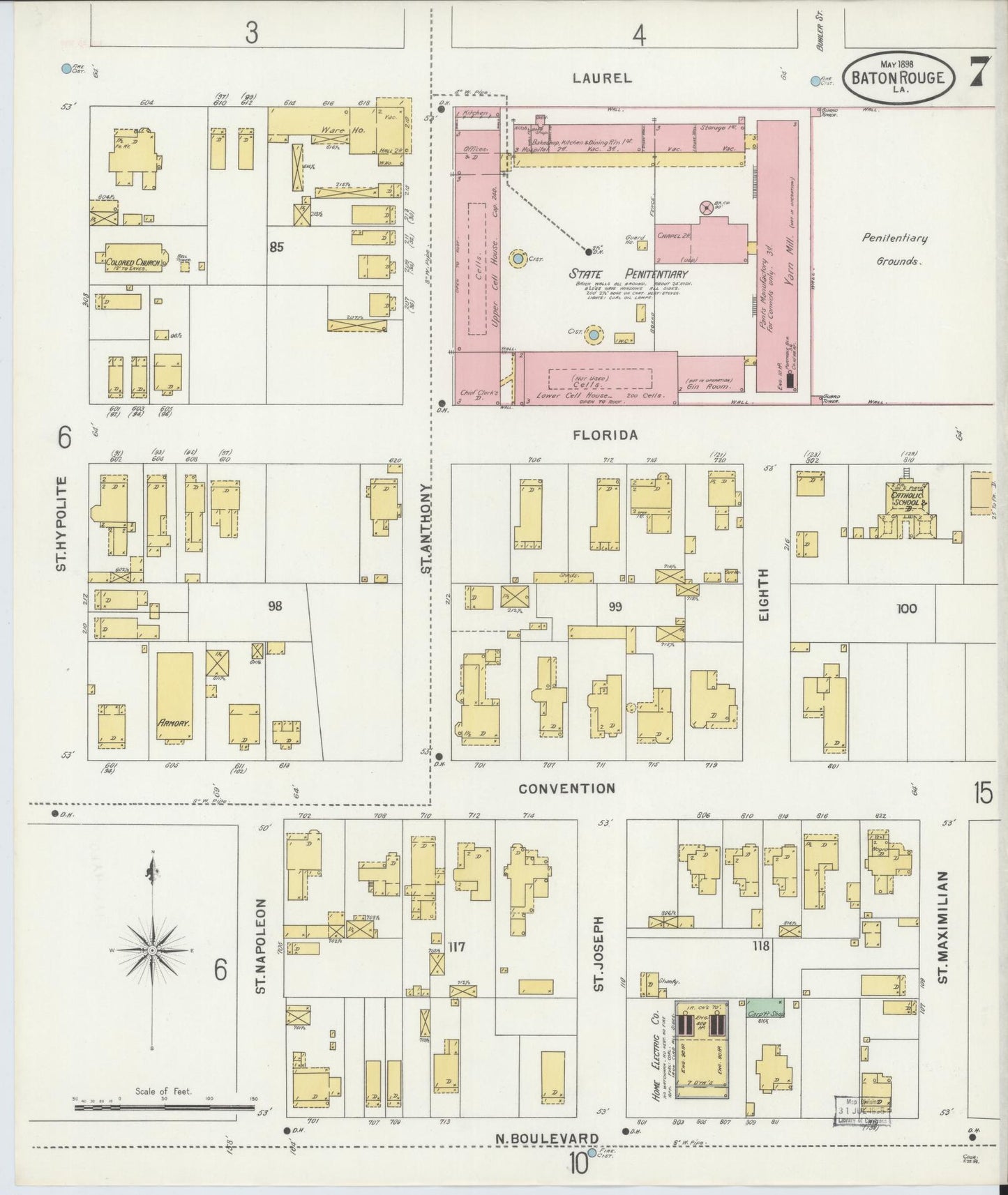 Sanborn Fire Insurance Map from Baton Rouge, East Baton Rouge Parish, Louisiana (1898), Sheet #0007 - Complete Map Set gallery image, historic Sanborn map, vintage wall art, Louisiana Louisiana