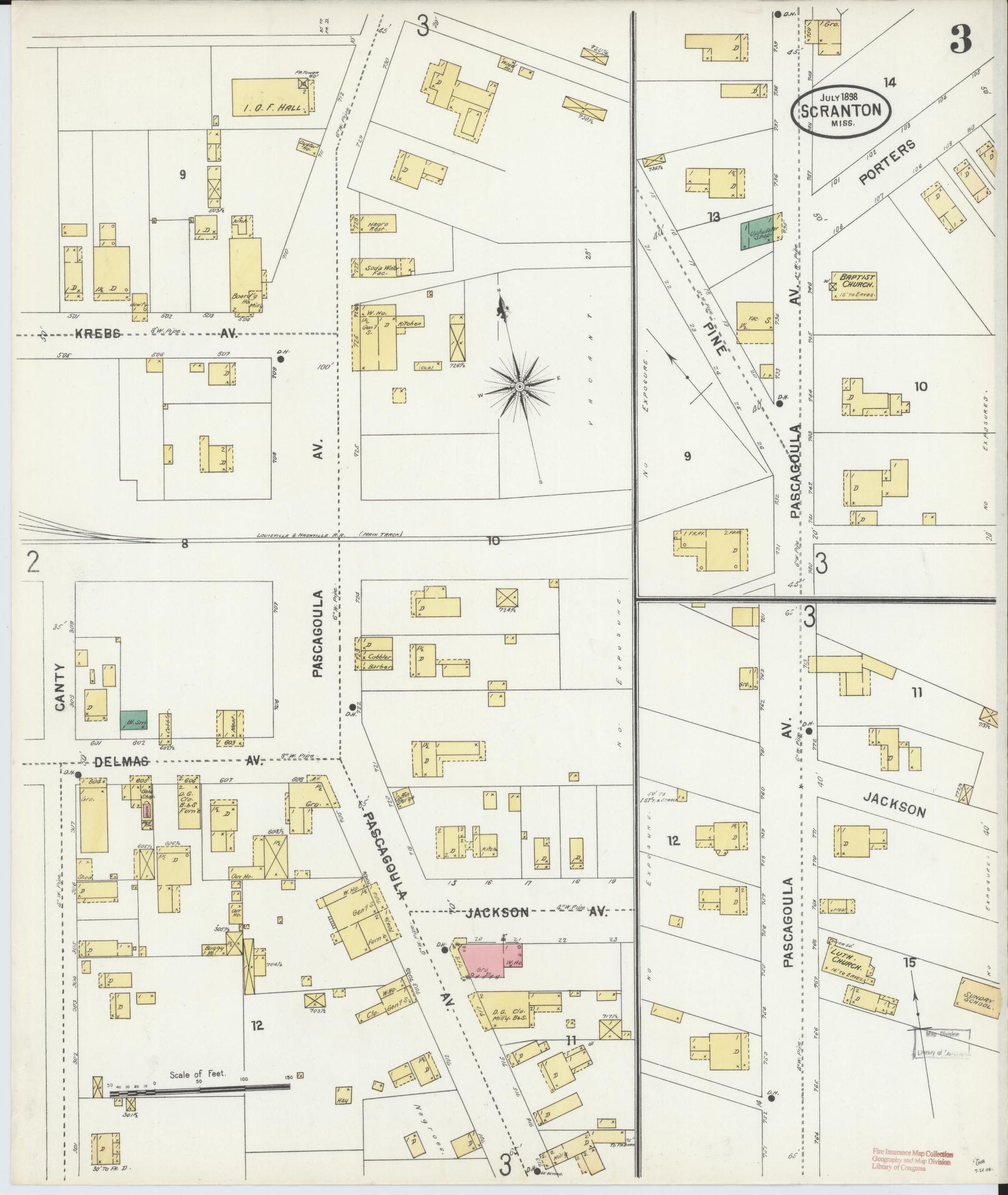 Sanborn Fire Insurance Map from Scranton, Jackson County, Mississippi (1898), Sheet #0003 - Complete Map Set gallery image, historic Sanborn map, vintage wall art, Mississippi Mississippi