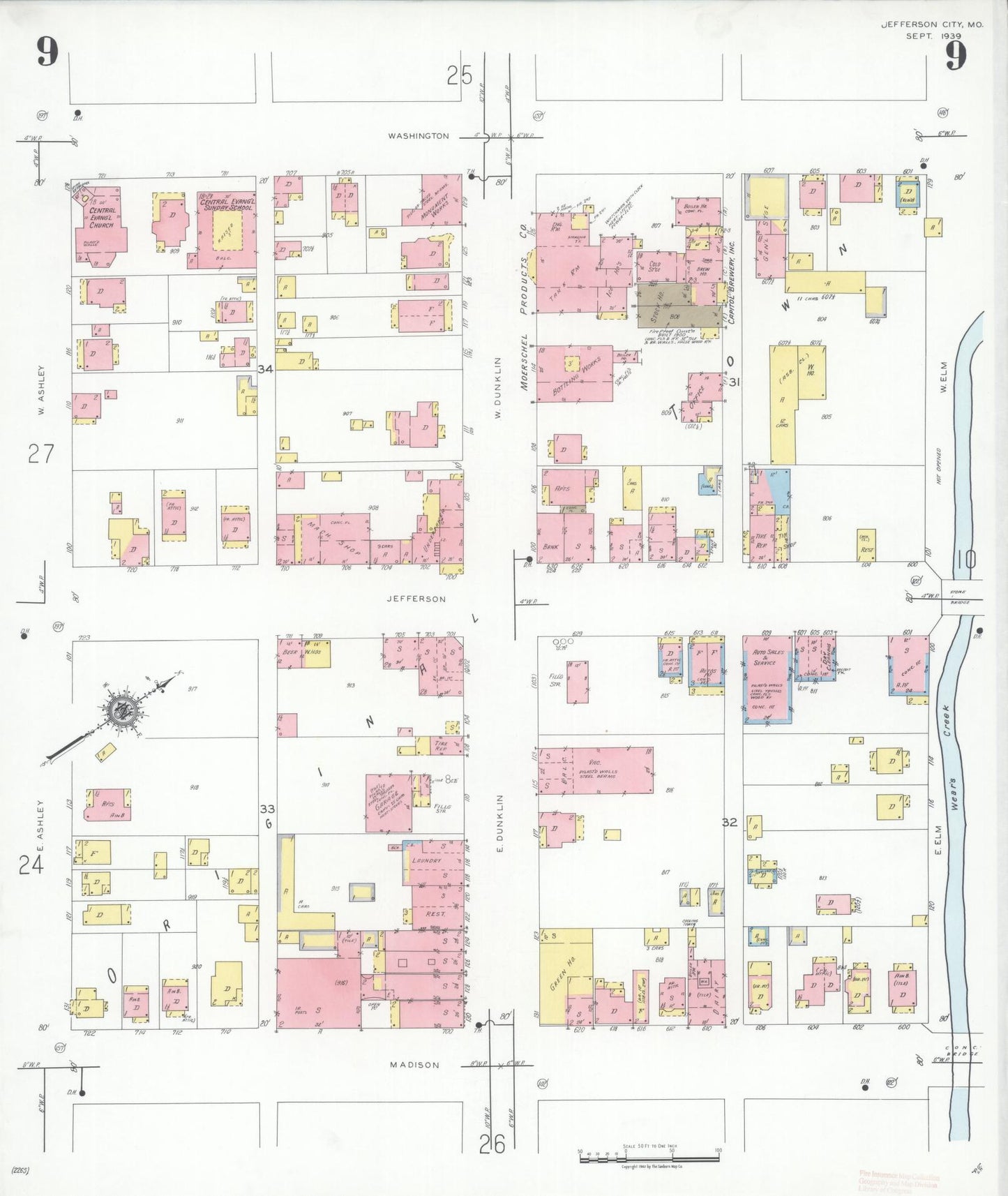 Sanborn Fire Insurance Map from Jefferson City, Cole County, Missouri (1939), Sheet #0009 - Historic Sanborn Fire Insurance Map Print, vintage old map wall art, antique decor, genealogy gift, Missouri Missouri map