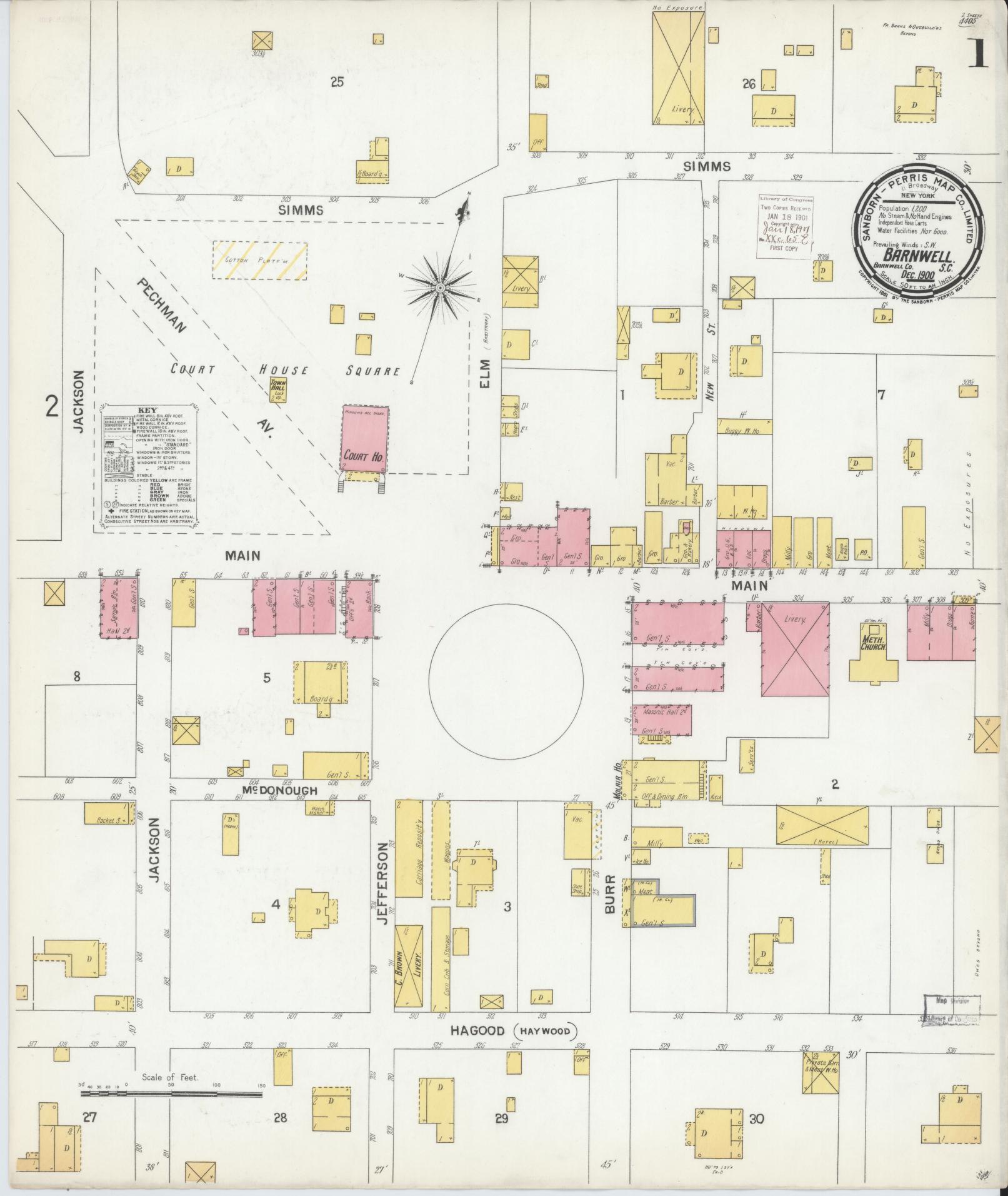 Sanborn Fire Insurance Map from Barnwell, Barnwell County, South Carolina (1900), Sheet #0001 - Historic Sanborn Fire Insurance Map Print, vintage old map wall art, antique decor, genealogy gift, South Carolina South Carolina map