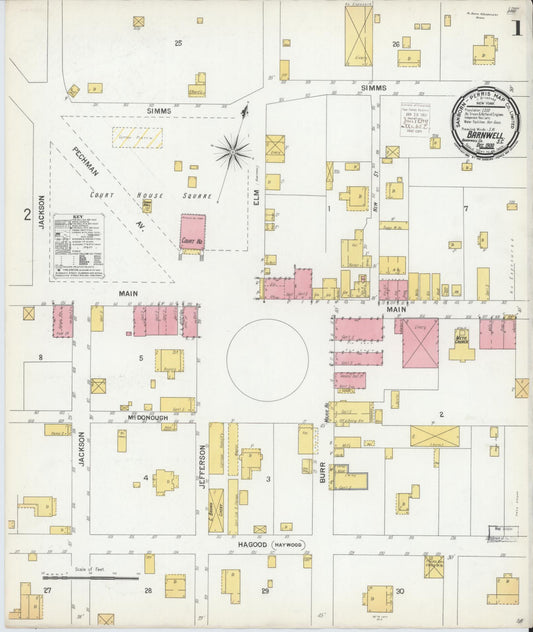 Sanborn Fire Insurance Map from Barnwell, Barnwell County, South Carolina (1900), Sheet #0001 - Historic Sanborn Fire Insurance Map Print, vintage old map wall art, antique decor, genealogy gift, South Carolina South Carolina map