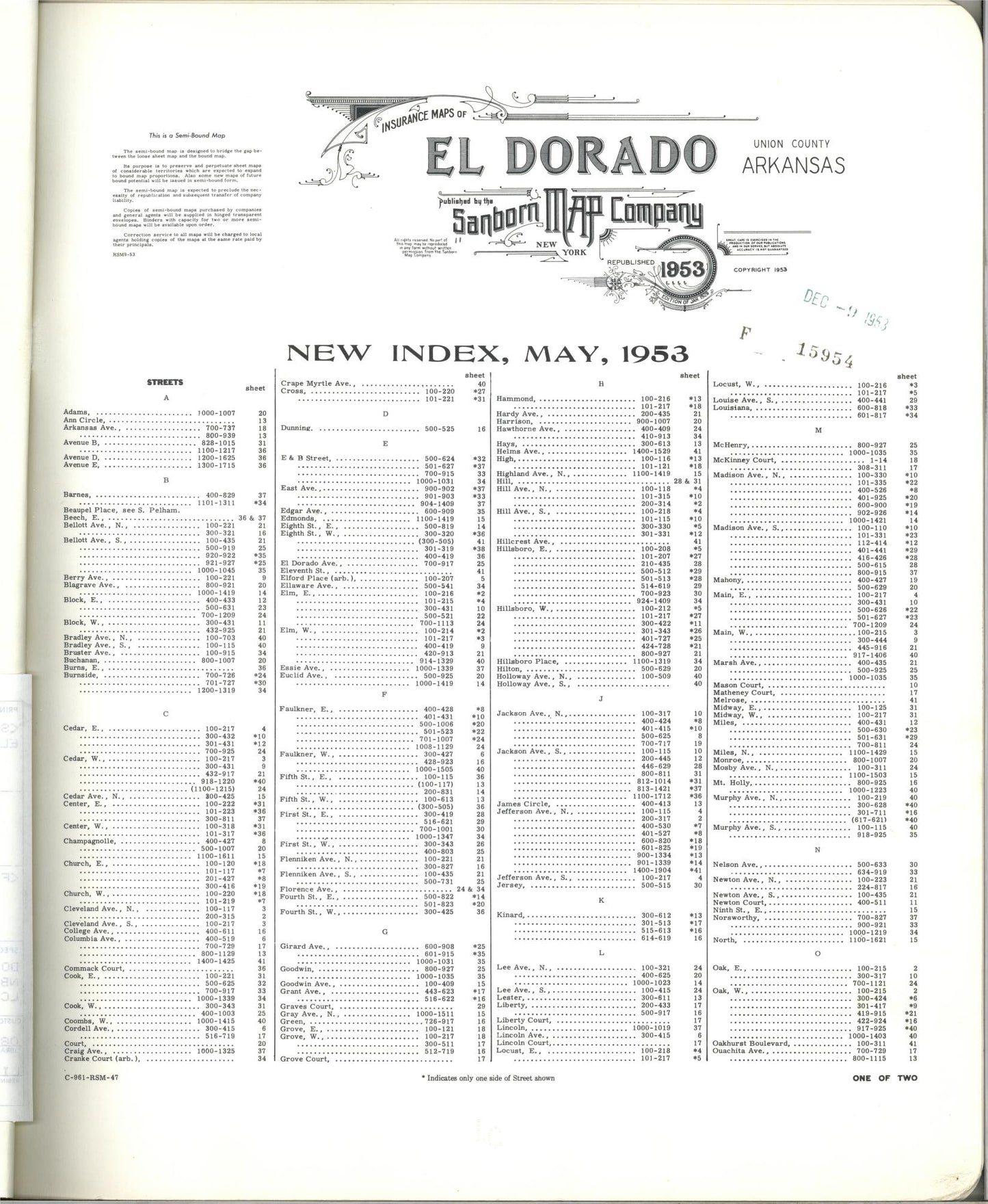 Sanborn Fire Insurance Map from El Dorado, Union County, Arkansas (1953), Sheet #0001 - Historic Sanborn Fire Insurance Map Print, vintage old map wall art, antique decor, genealogy gift, Arkansas Arkansas map