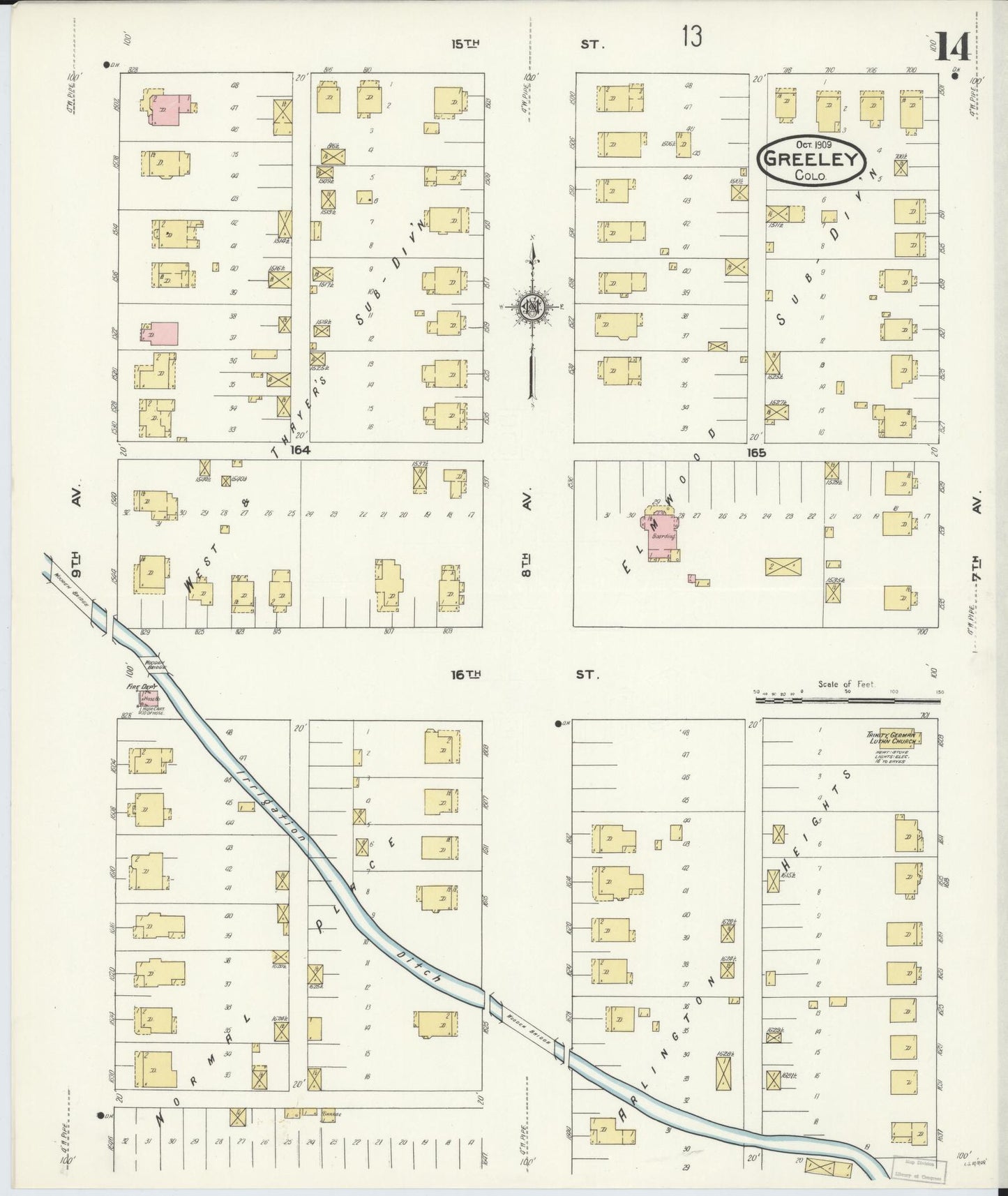 Sanborn Fire Insurance Map from Greeley, Weld County, Colorado (1909), Sheet #0014 - Historic Sanborn Fire Insurance Map Print, vintage old map wall art, antique decor, genealogy gift, Colorado Colorado map