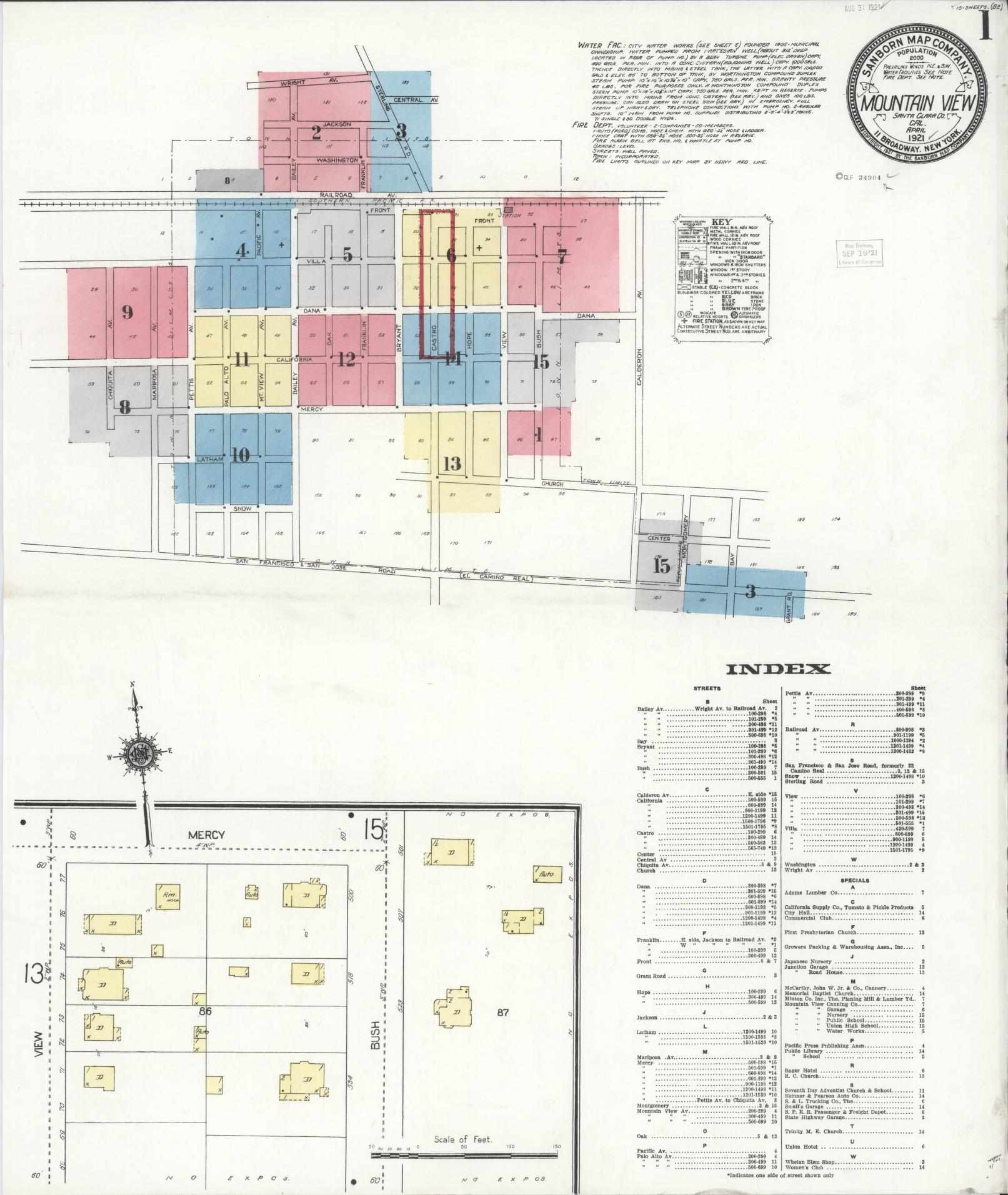 Sanborn Fire Insurance Map from Mountain View, Santa Clara County, California (1921), Sheet #0001 - Complete Map Set gallery image, historic Sanborn map, vintage wall art, California California