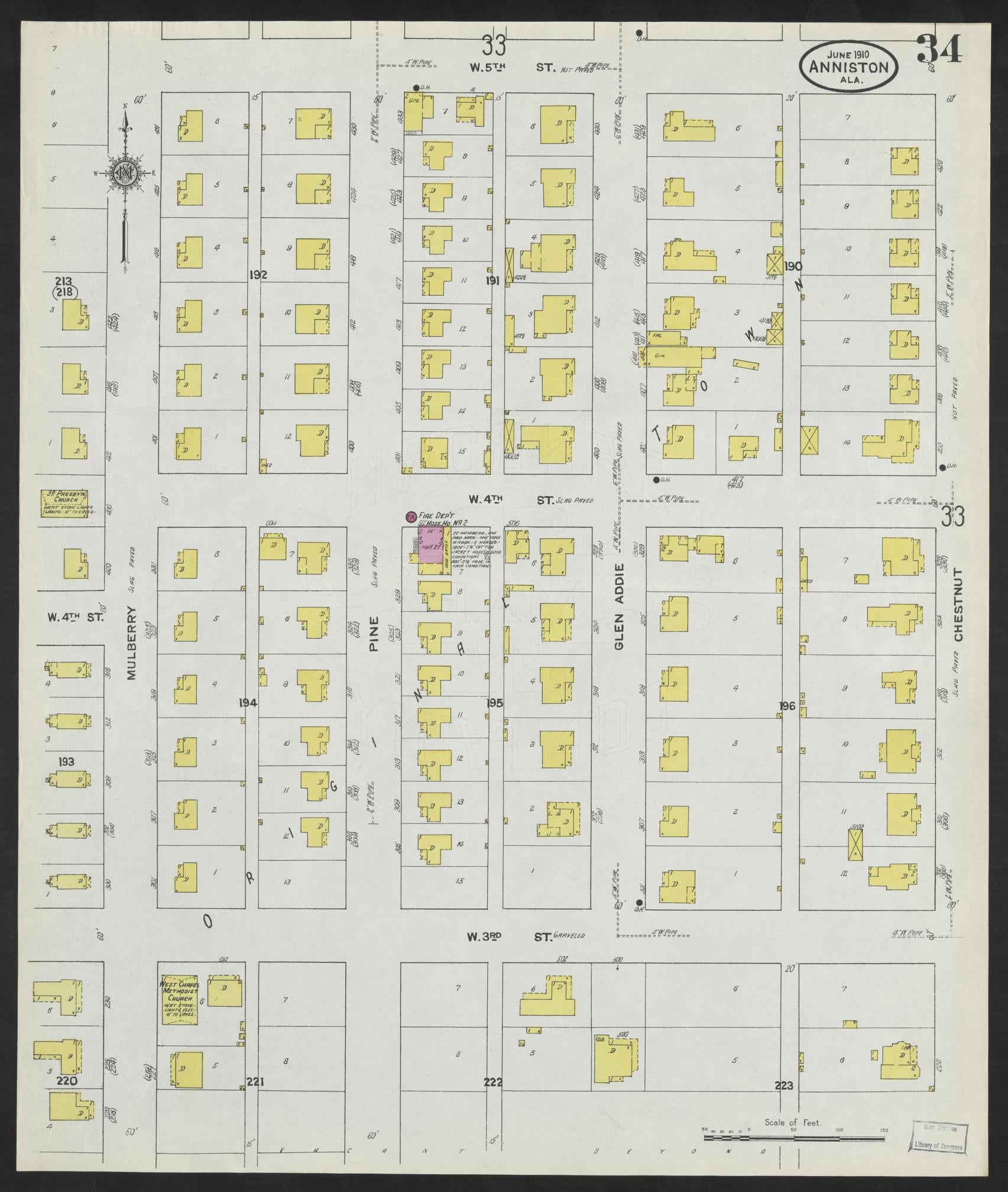 Sanborn Fire Insurance Map from Anniston, Calhoun County, Alabama (1910), Sheet #0034 - Historic Sanborn Fire Insurance Map Print, vintage old map wall art, antique decor, genealogy gift, Alabama Alabama map