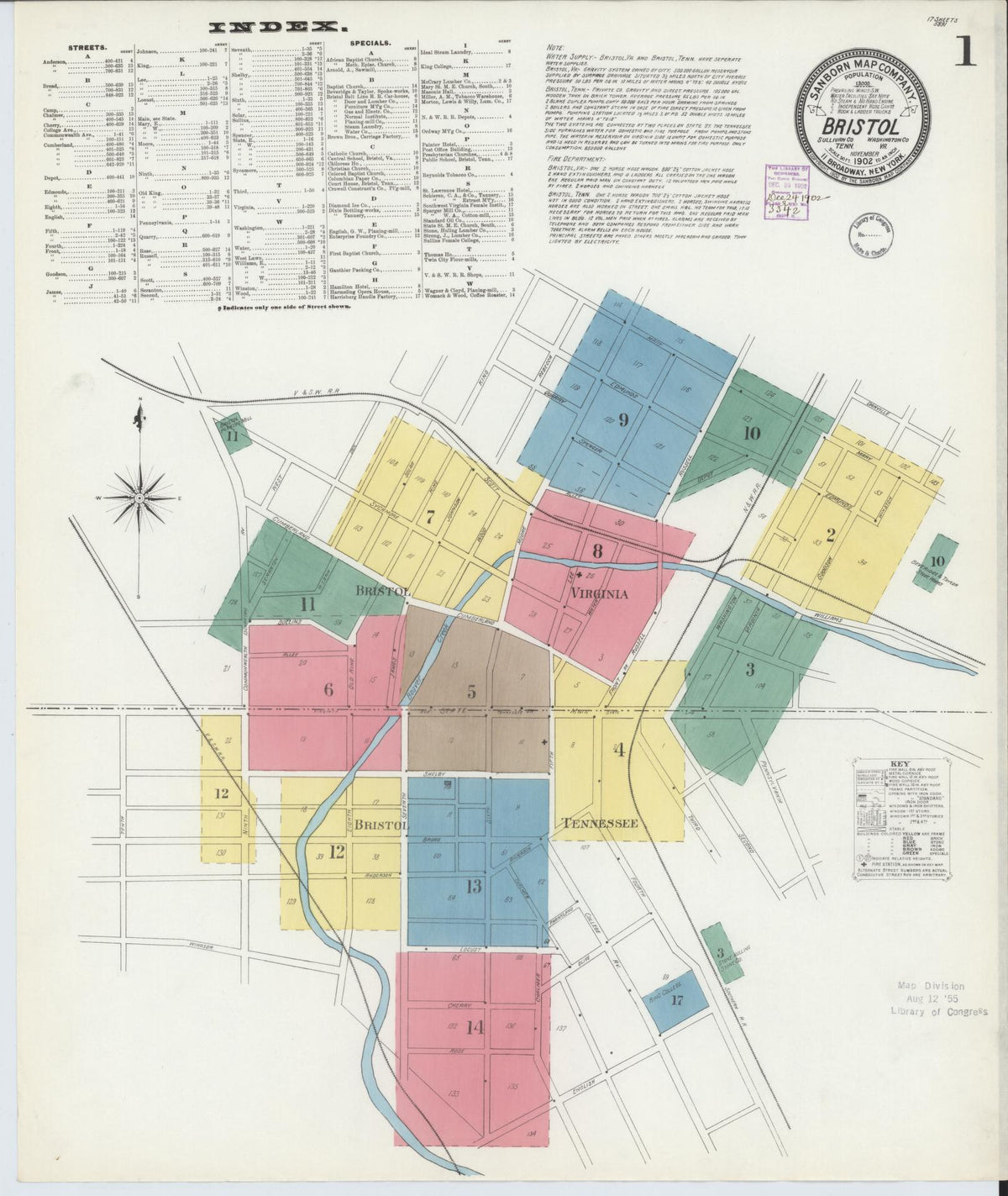 Sanborn Fire Insurance Map from Bristol, Sullivan County, Tennessee (1902), Sheet #0001 - Complete Map Set gallery image, historic Sanborn map, vintage wall art, Tennessee Tennessee
